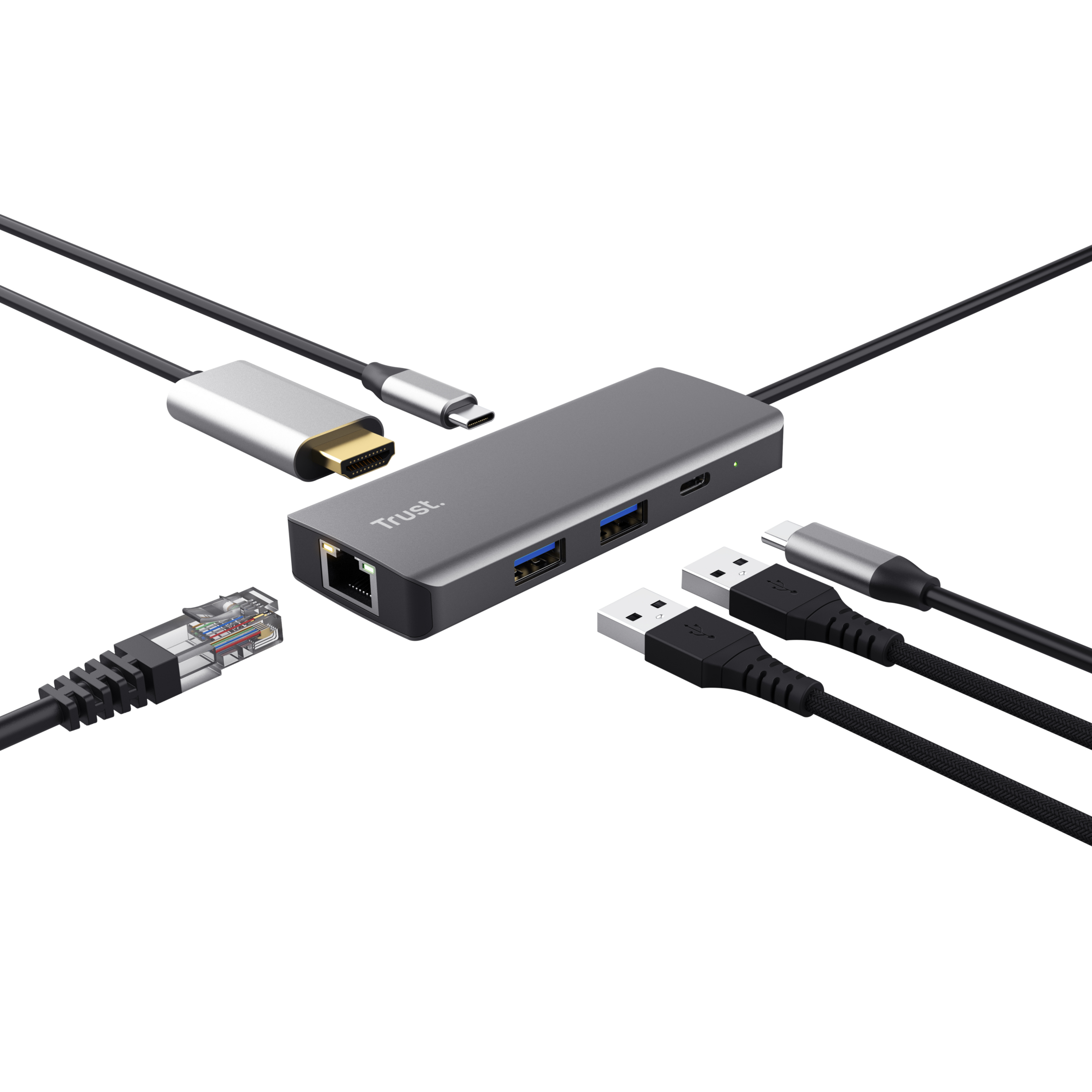 Een grijze USB-hub met verschillende poorten en aangesloten kabels. Een Trust-logo staat op de hub.