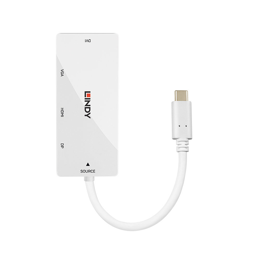 Adattatore bianco con varie porte e cavo bianco con connettore USB-C su sfondo bianco.