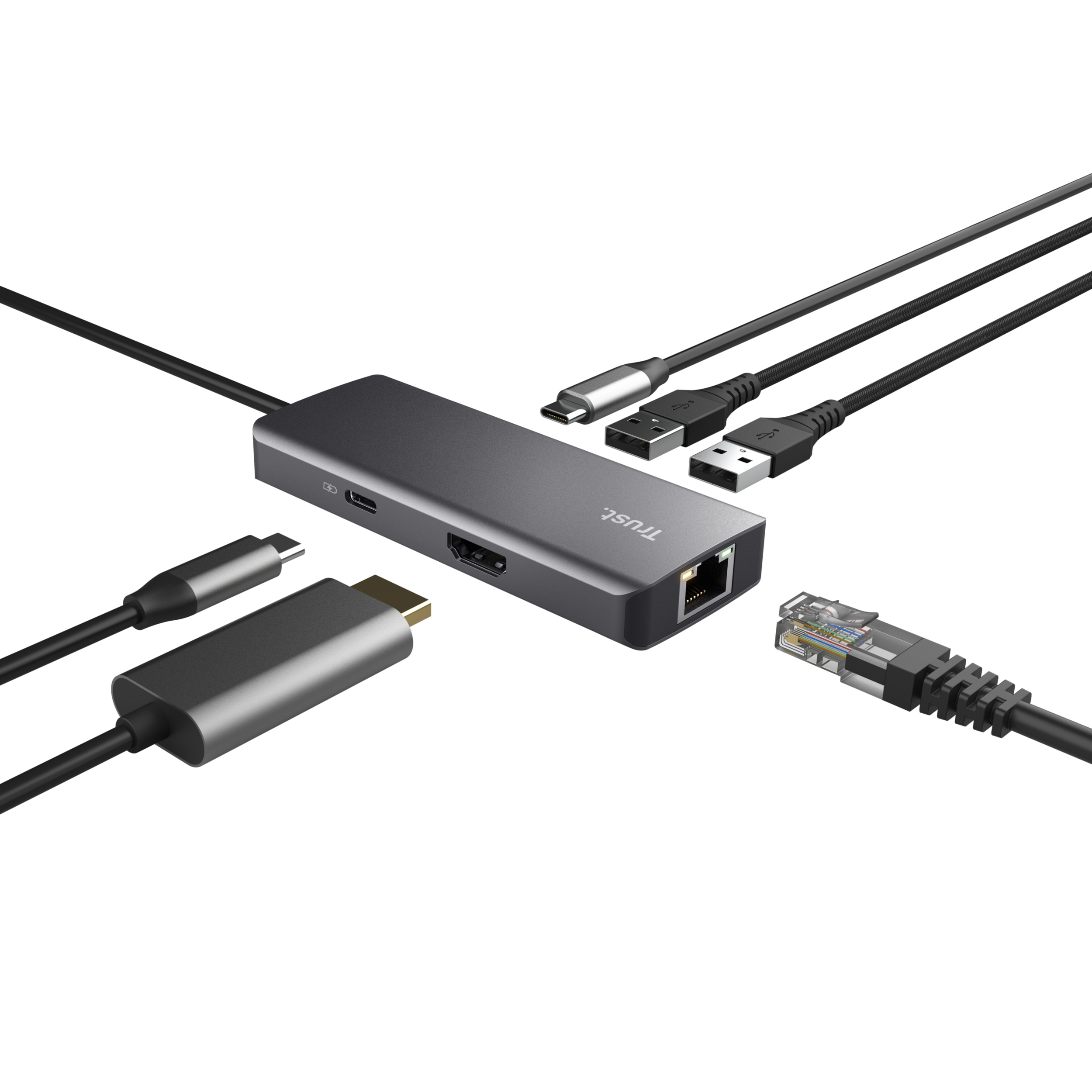Een grijze USB-hub met meerdere kabels aangesloten. Verschillende connectoren zijn zichtbaar.