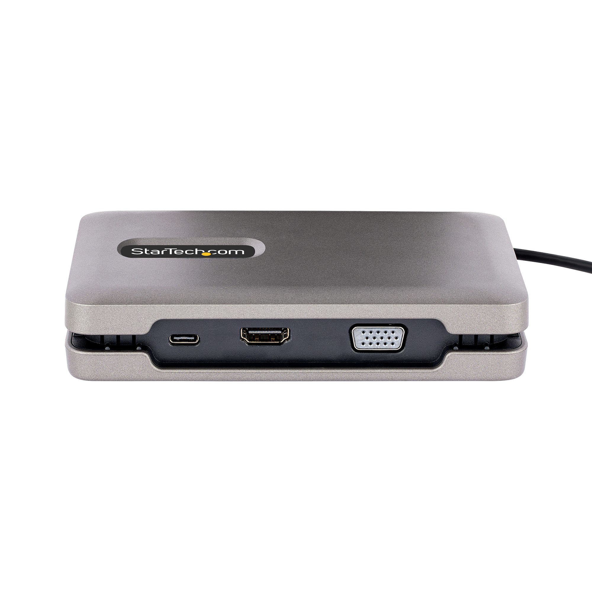 Un hub USB-C nero con porte HDMI, VGA e USB.