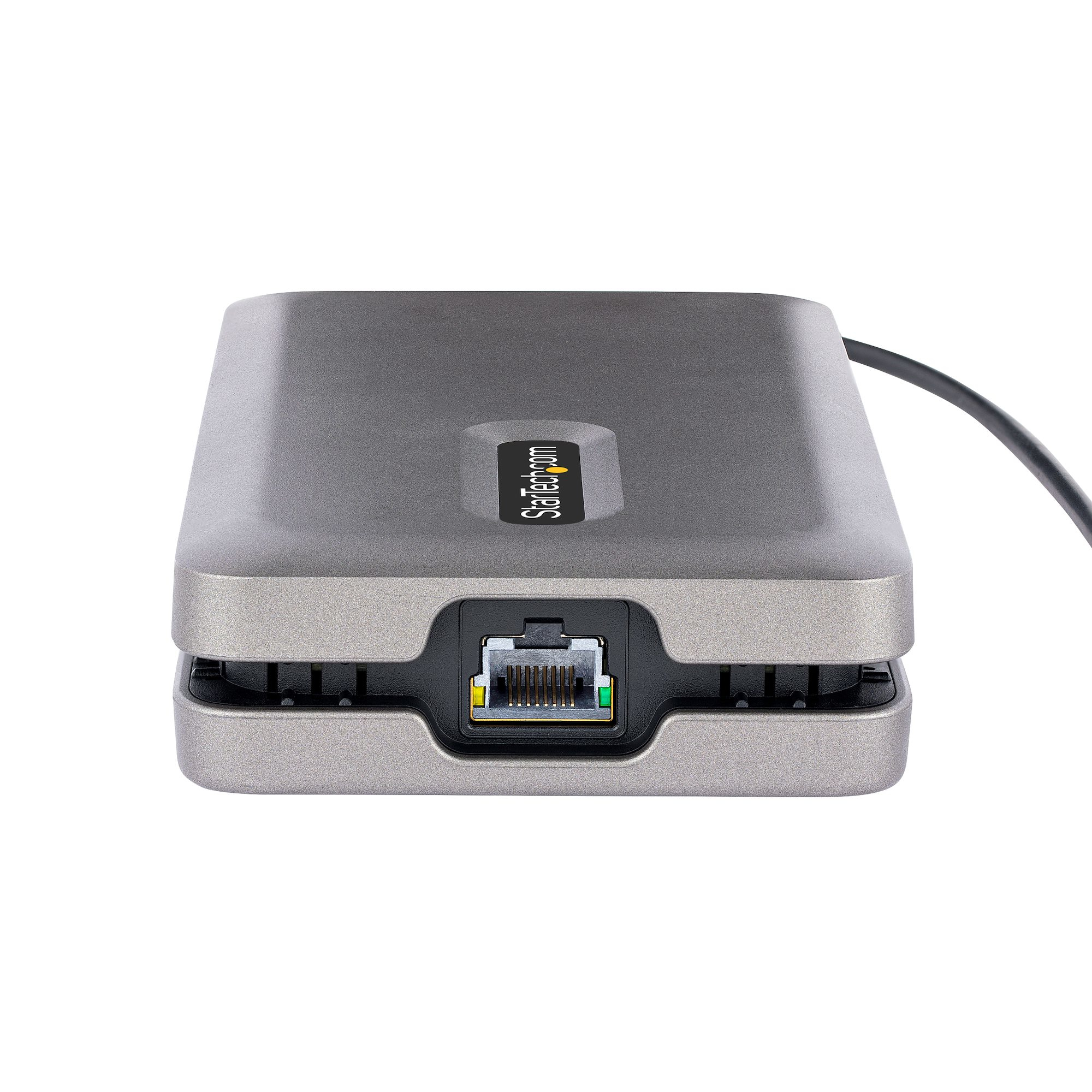 Un dispositivo di rete argento e grigio con una porta per un cavo Ethernet.