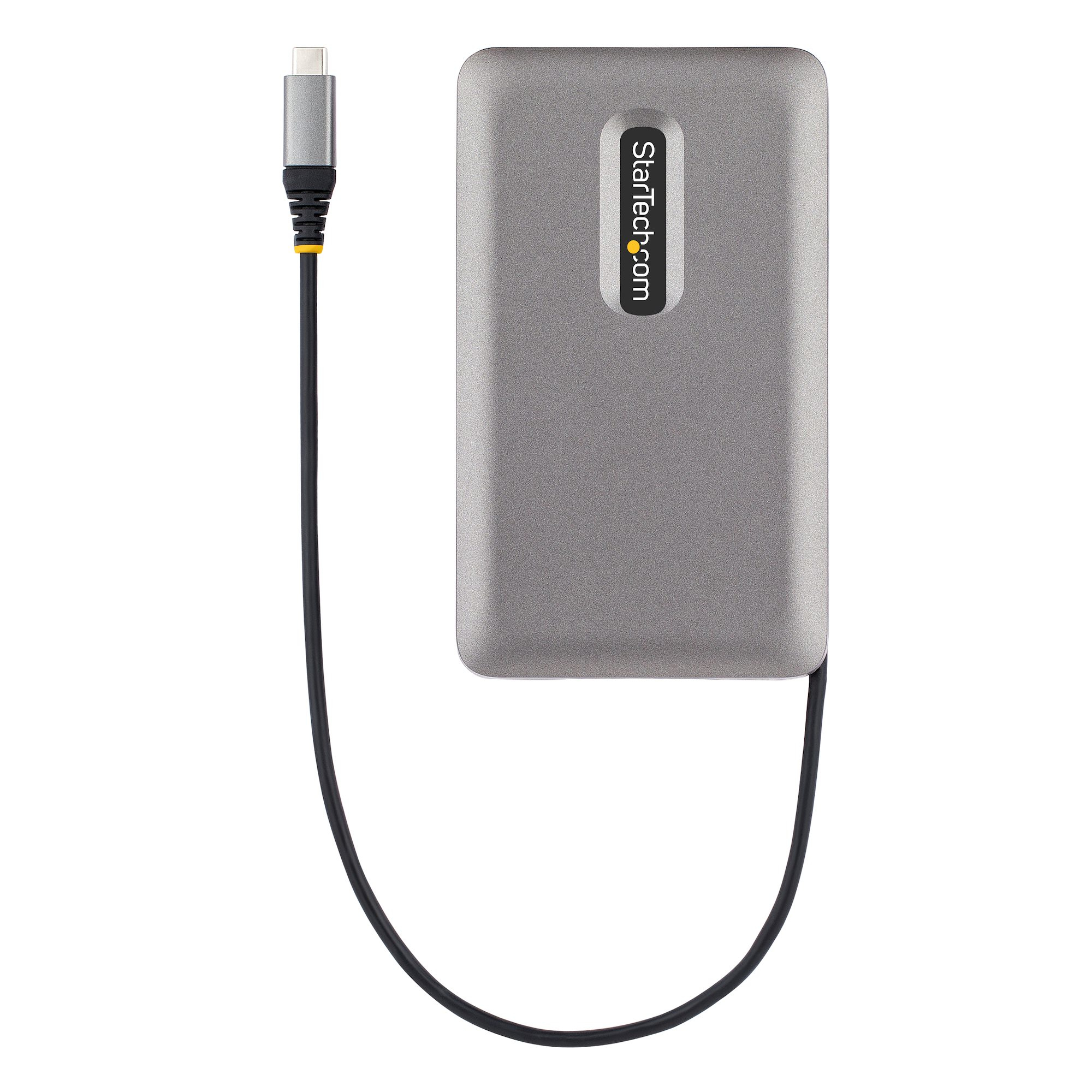 Un disco rigido esterno Startech grigio argento con un cavo USB-C collegato.
