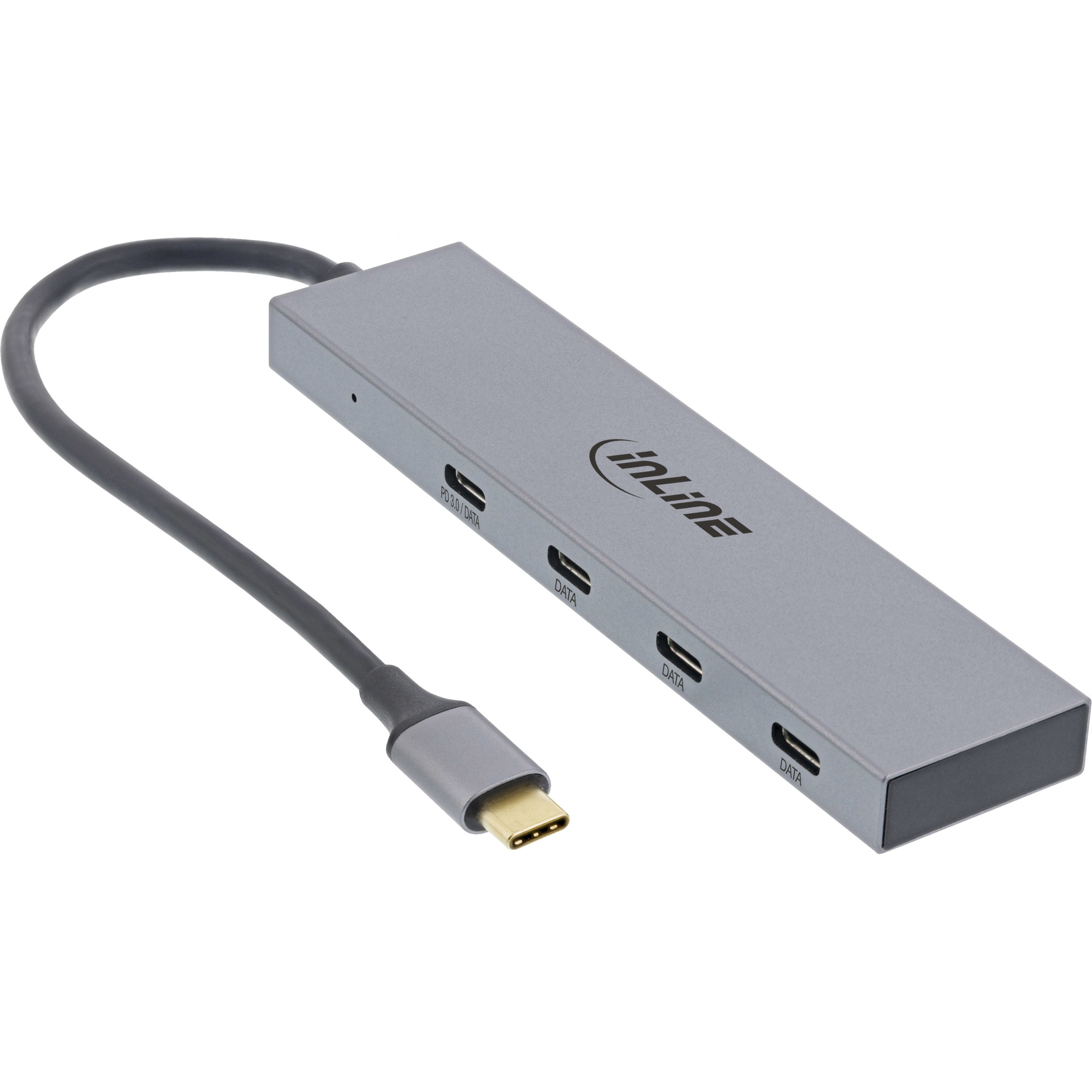 Un hub USB argento con quattro porte USB e un cavo USB-C. Il marchio 'inLine' è visibile.