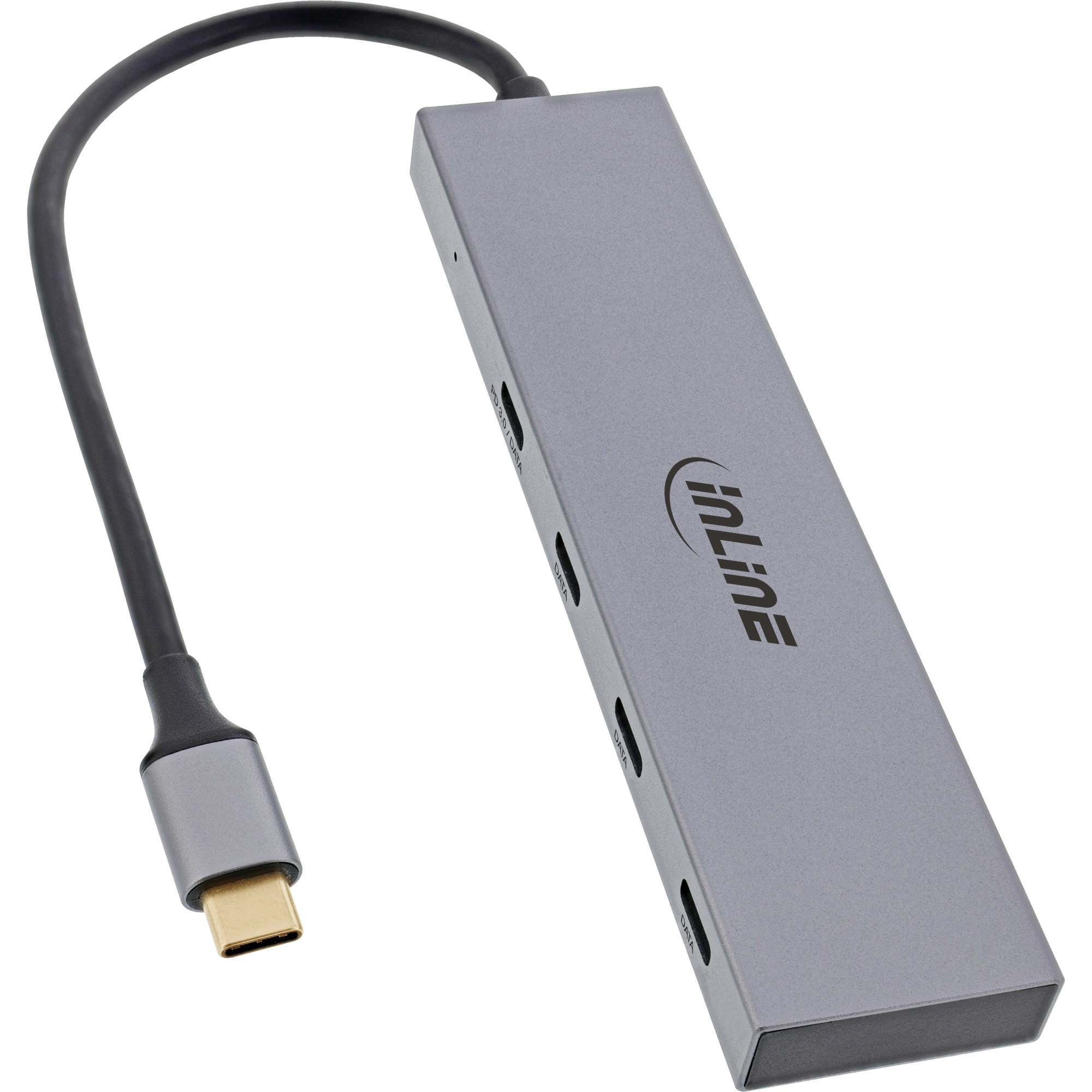 Hub USB grigio con cavo USB-C, logo inline sul lato, su sfondo bianco.