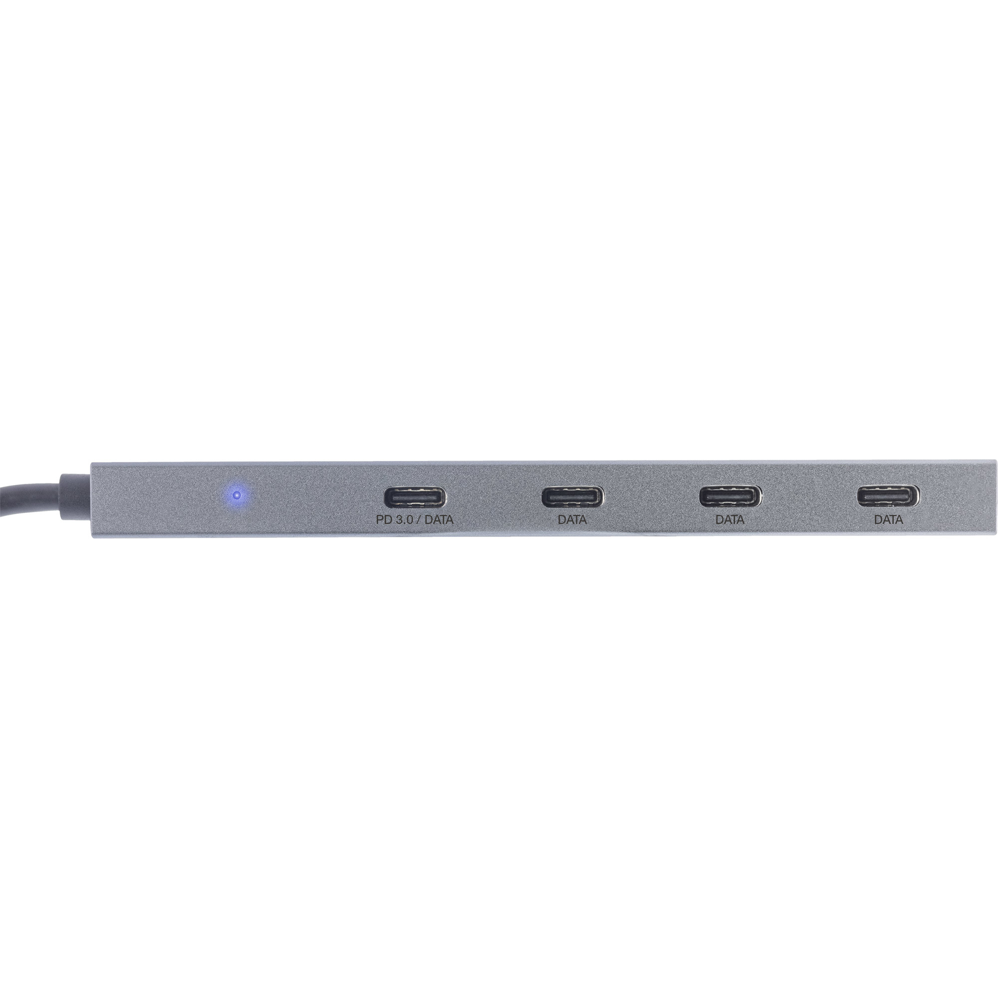 Hub USB argentato con quattro porte dati e una porta PD 3.0.
