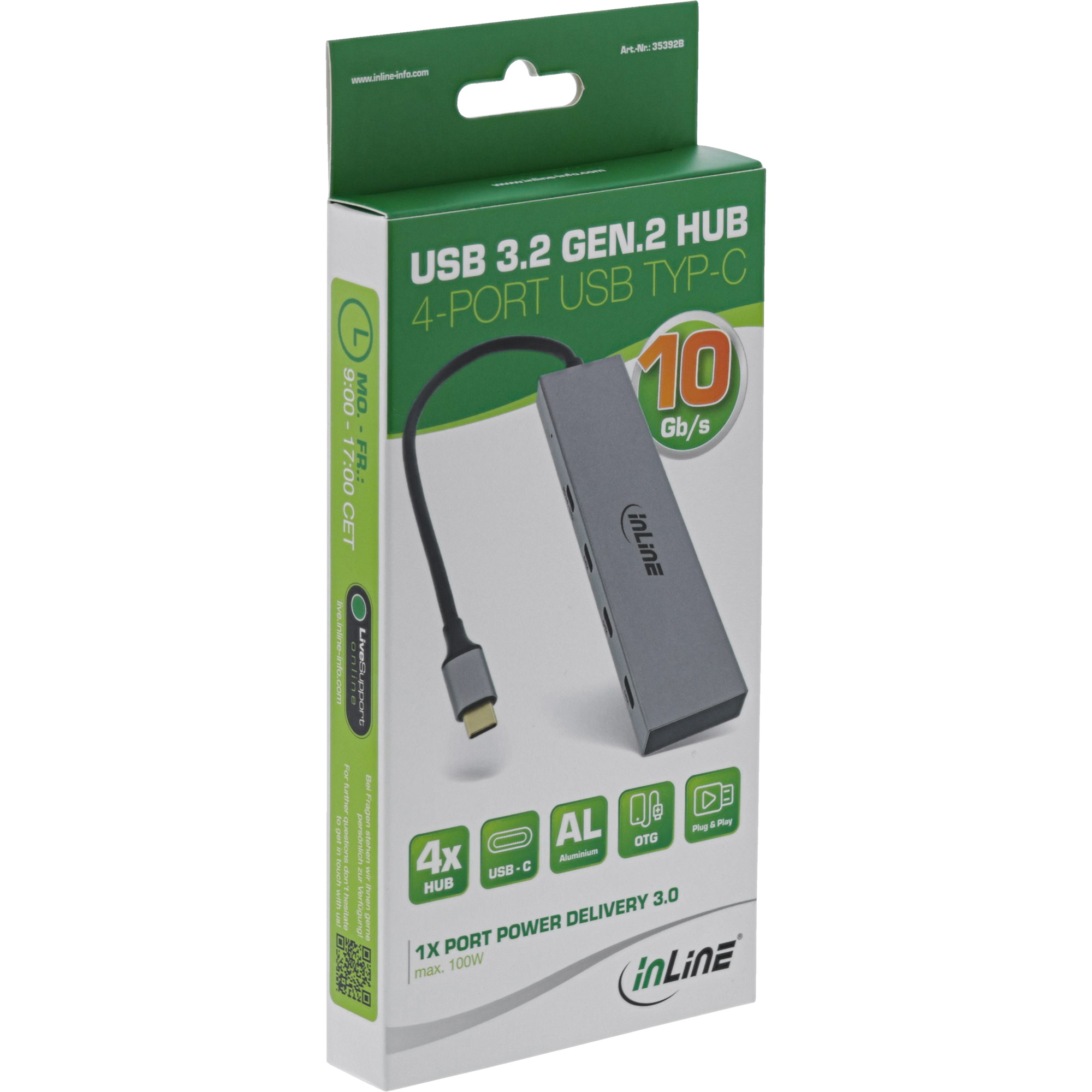 Hub USB in scatola con hub argentato, cavo e testo, su sfondo bianco.