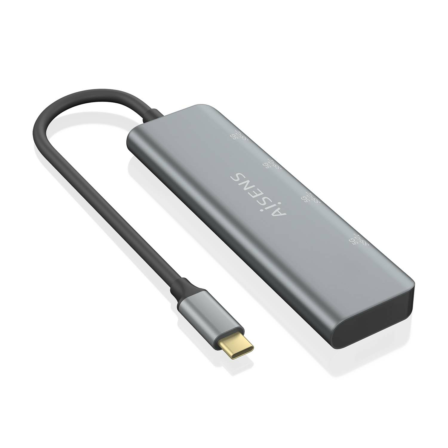 Hub USB-C grigio con cavo nero. C'è scritto 'Aisens' sopra.