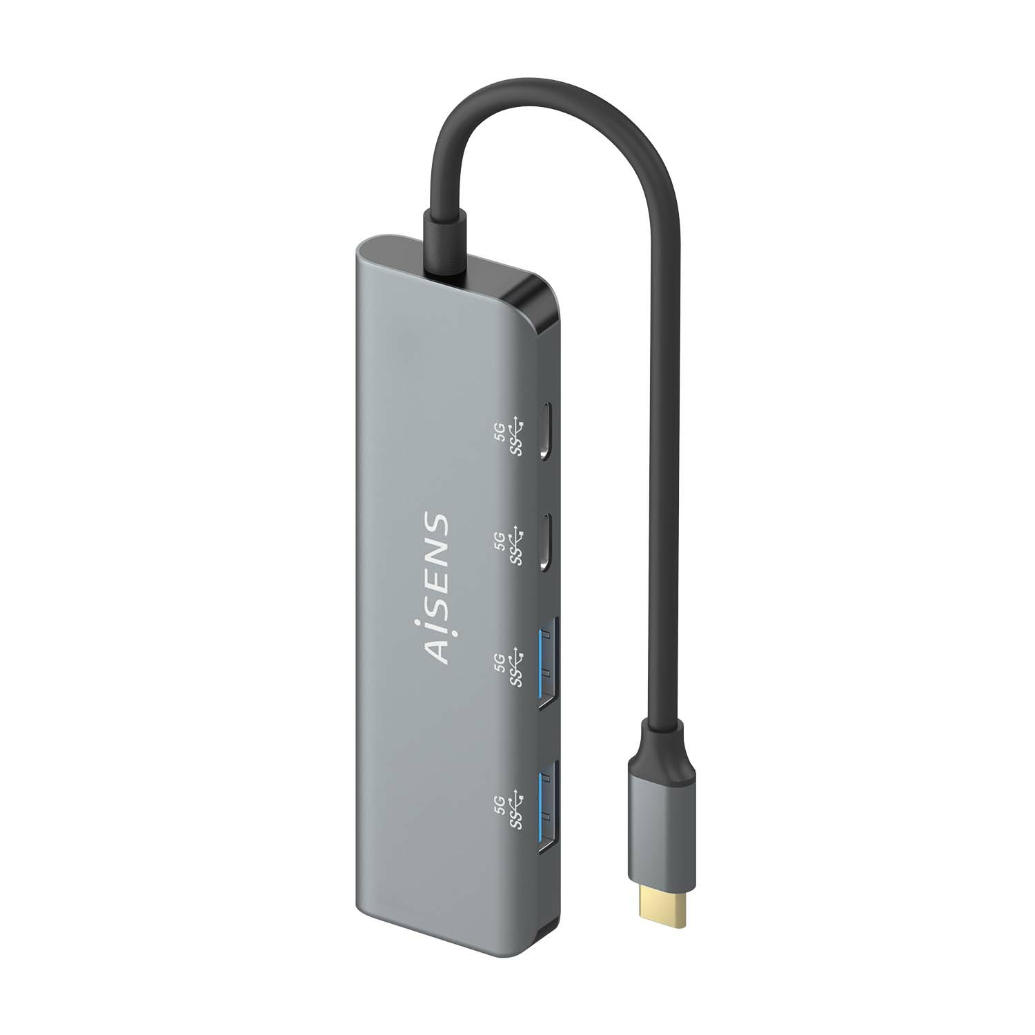 Hub USB argentato con cavo nero. 'AiSens' è stampato sull'hub. Porte USB e SS visibili.
