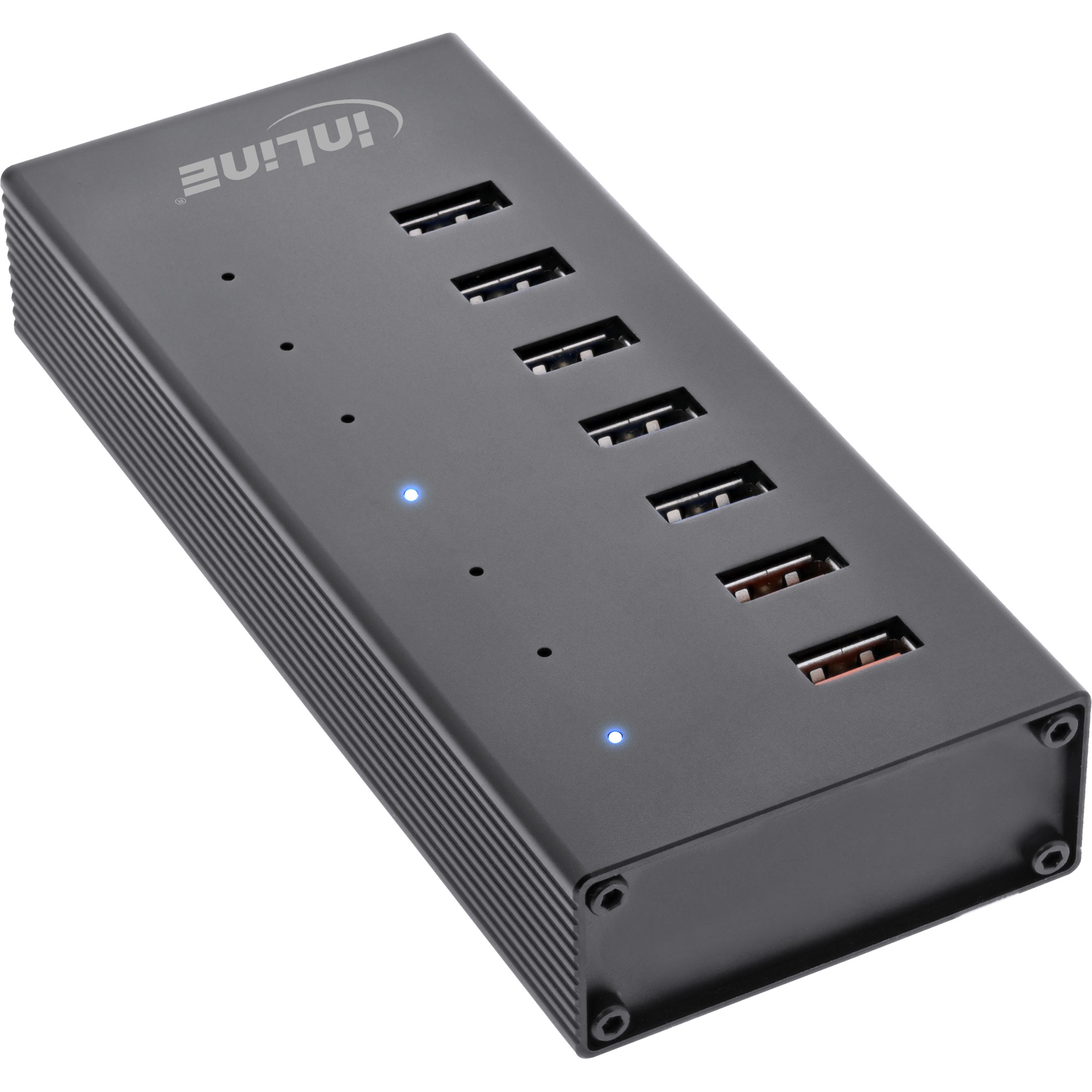 Un hub USB nero con sette porte USB e due spie blu. Il marchio 'inLine' è in alto.