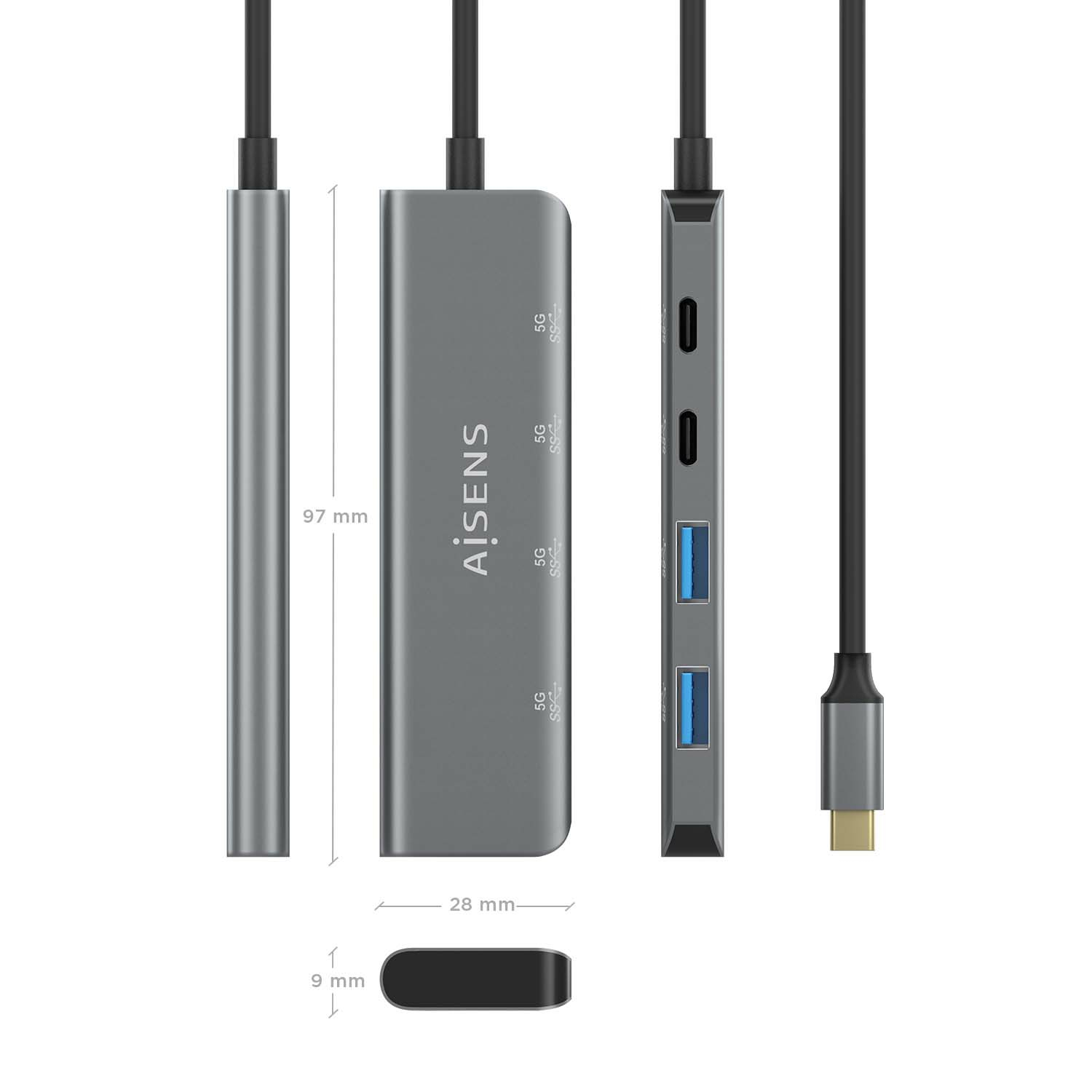 Hub USB Aisens grigio che mostra le viste laterali e superiori. Dimensioni in mm.