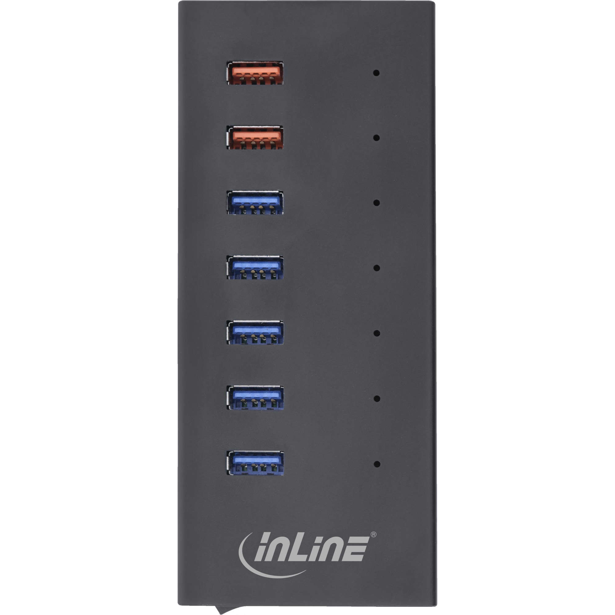 Hub USB nero con sette porte USB e il logo Inline.