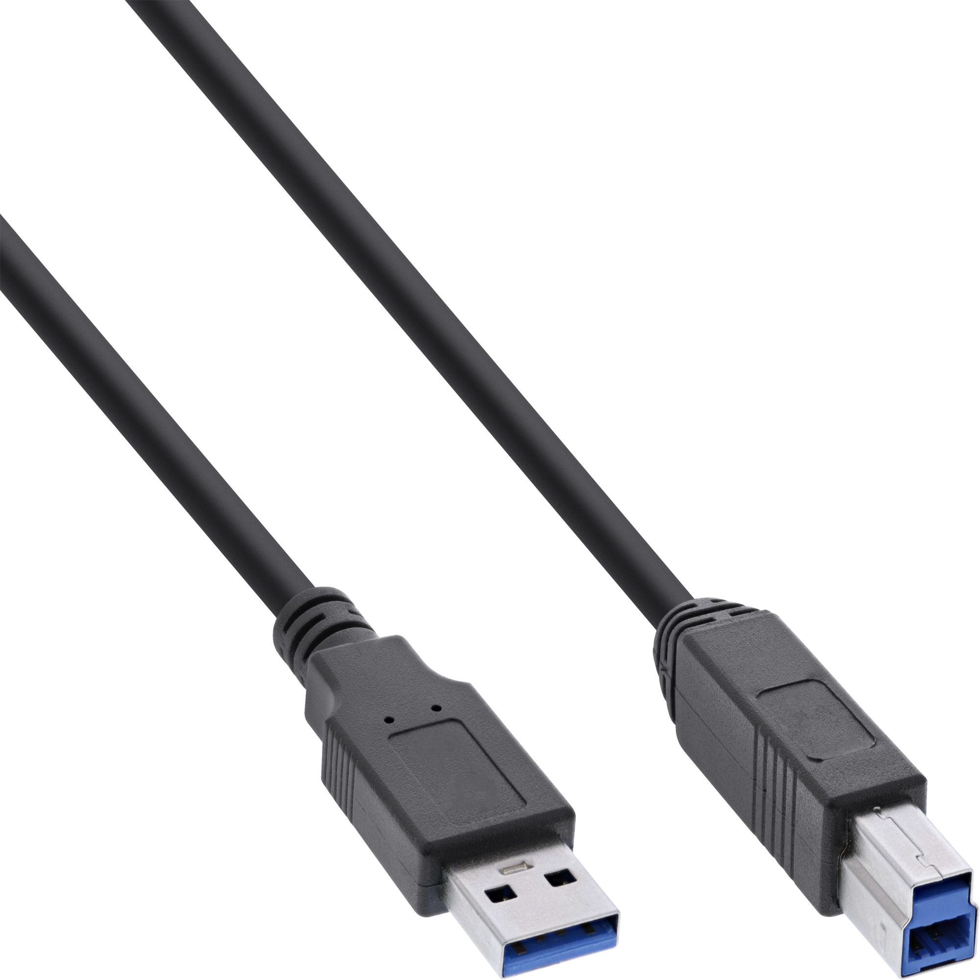 Cavo USB nero con connettori USB-A e USB-B, su sfondo bianco.
