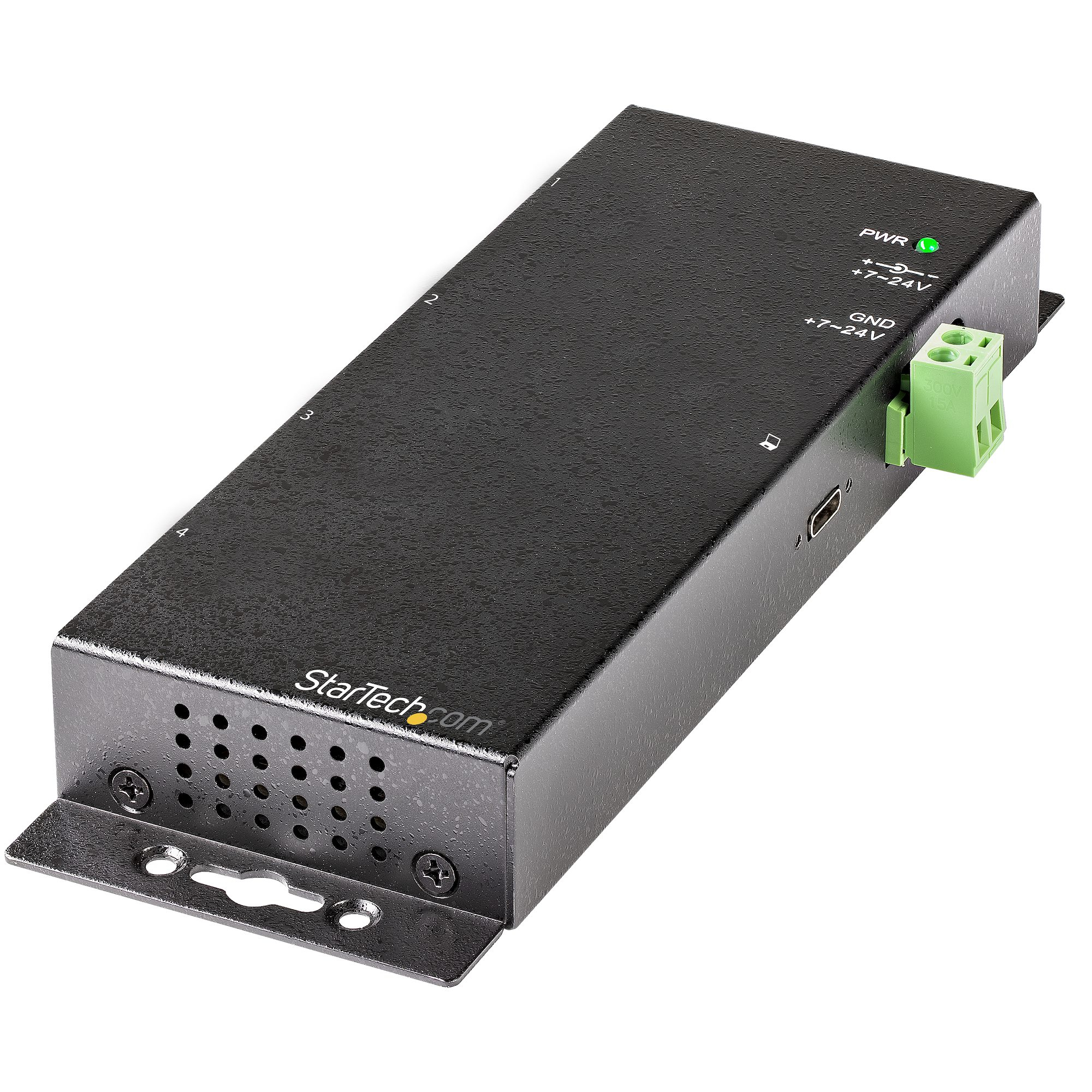 Hub USB nero con connettore verde e spie di alimentazione.