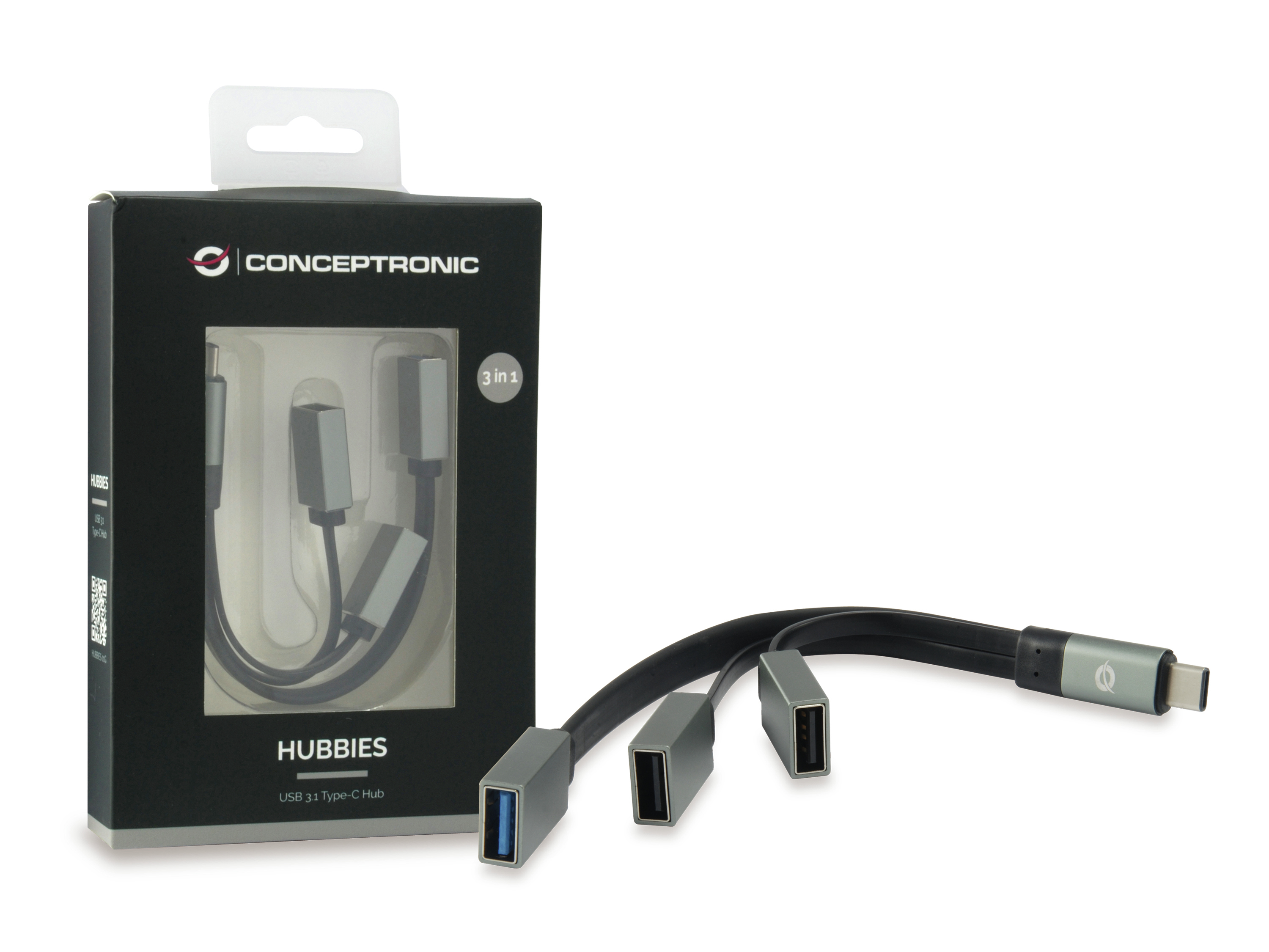 Hub USB in scatola con tre porte USB e un connettore USB-C, marchio Conceptronic.