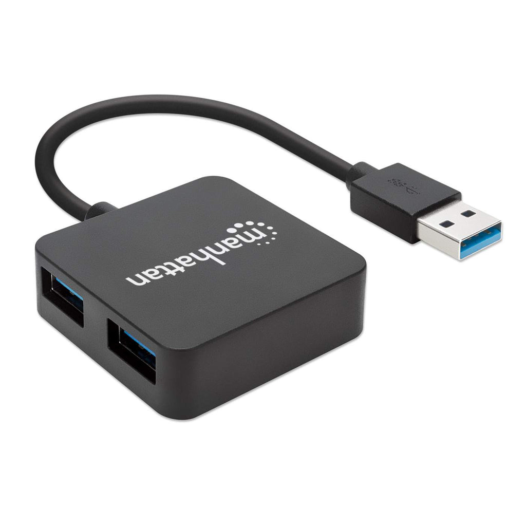 Hub USB Manhattan nero con due porte e cavo, su sfondo bianco.