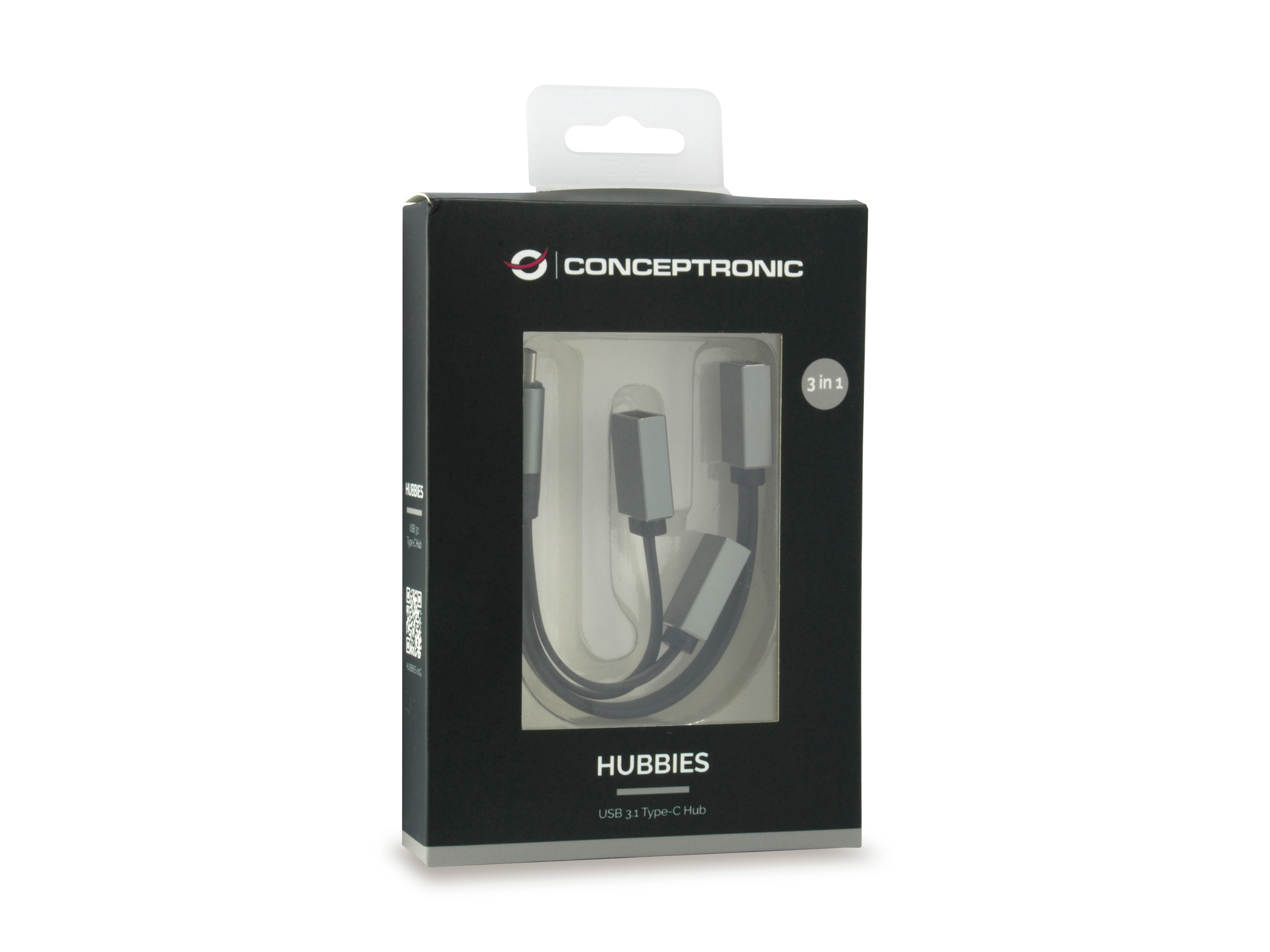 Una scatola del prodotto che mostra un hub USB con un cavo USB-C. Il marchio è 'Conceptronic' e 'Hubbies'.
