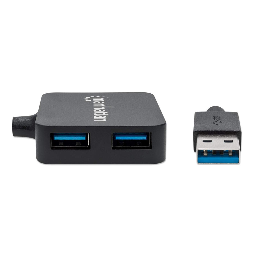 Hub USB nero con due porte USB. L'hub è accanto a un connettore USB.