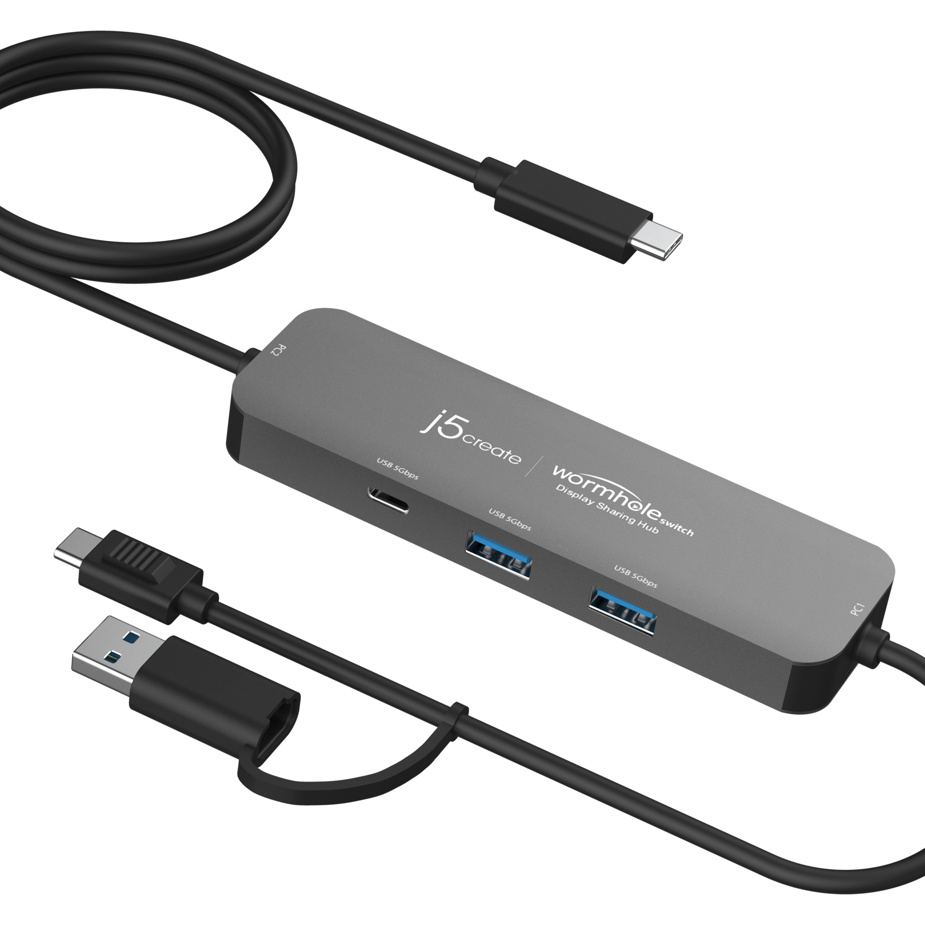 Un hub USB grigio con più porte e cavi, su sfondo bianco.