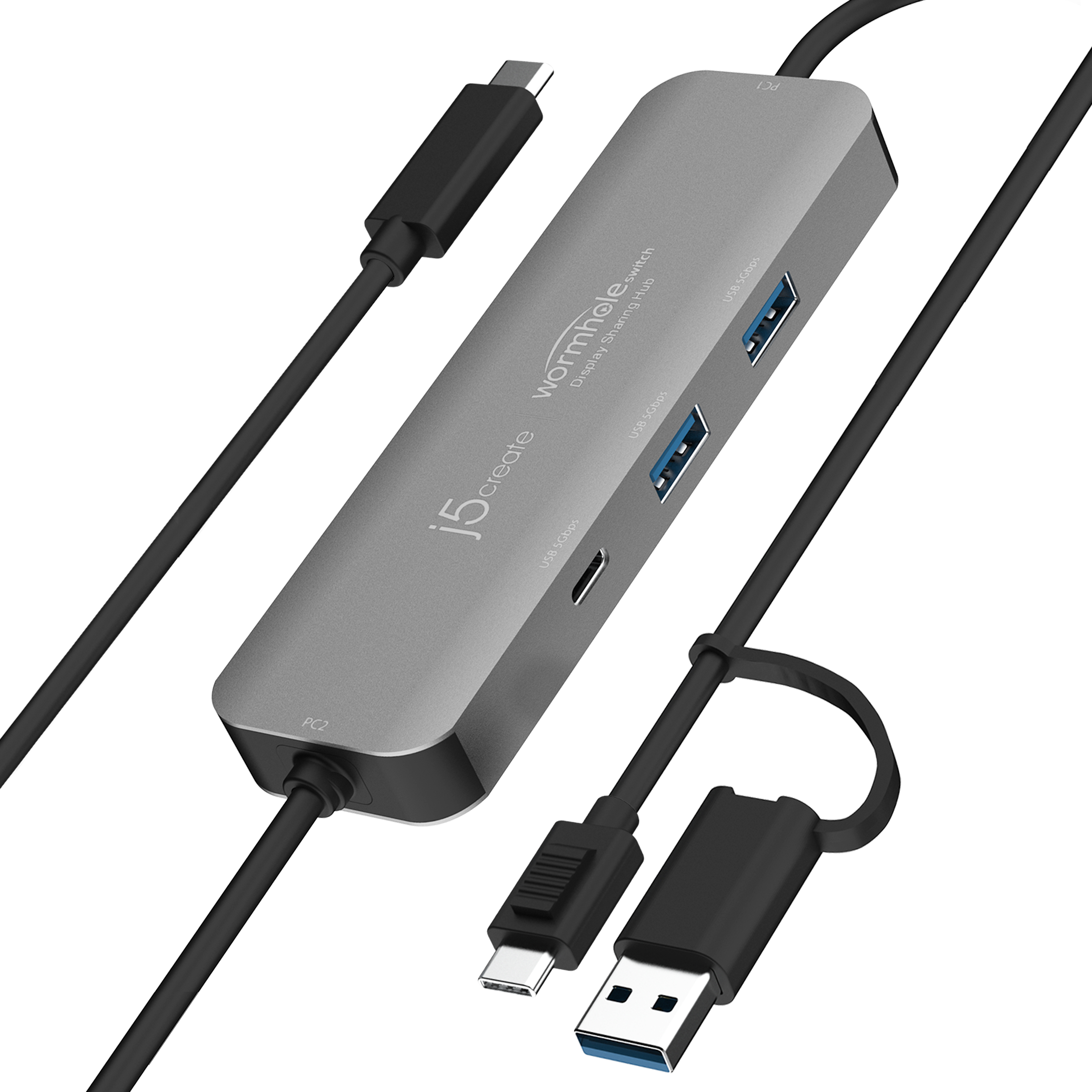 Un hub grigio con cavi collegati, USB-C, USB e un cavo USB-A.