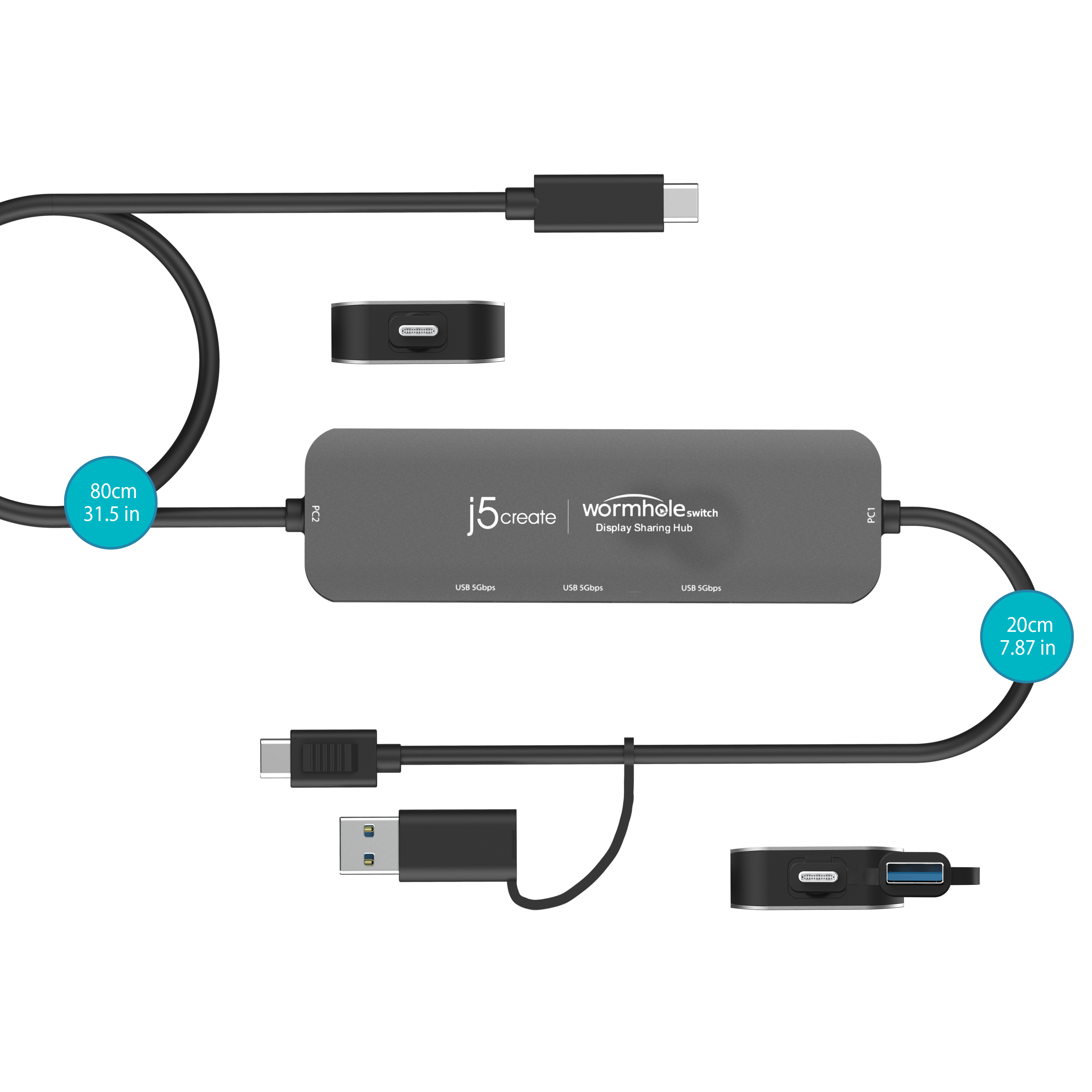 Un hub di condivisione dello schermo grigio con più porte USB e cavi. Il nome del prodotto è 'j5create wormhole switch'.