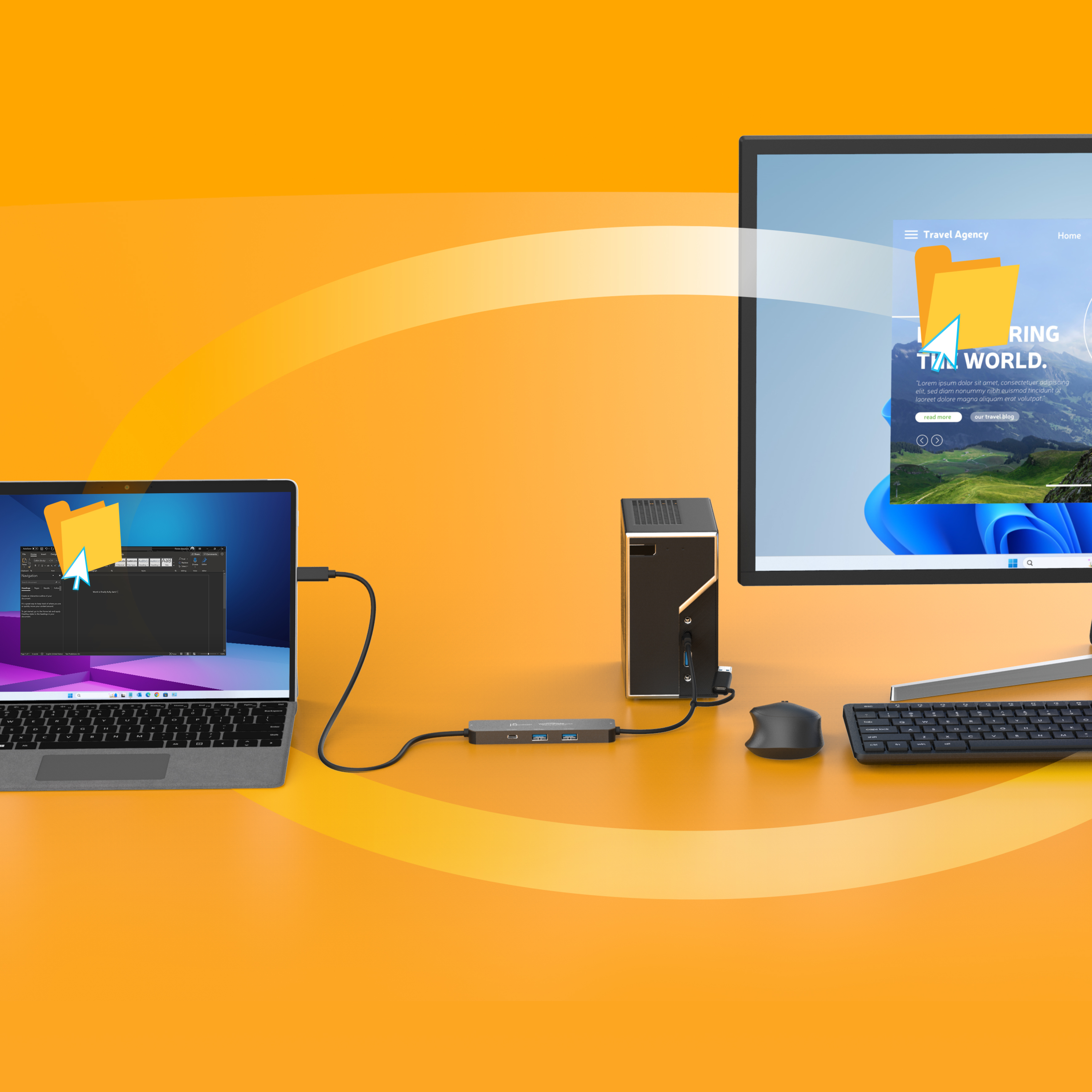 Un laptop collegato a un monitor, un hub e un mouse con uno sfondo arancione.