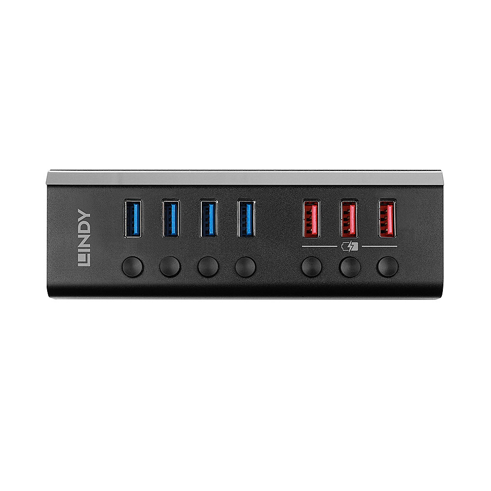 Hub USB Lindy nero con sette porte USB. Alcune porte sono blu e rosse.
