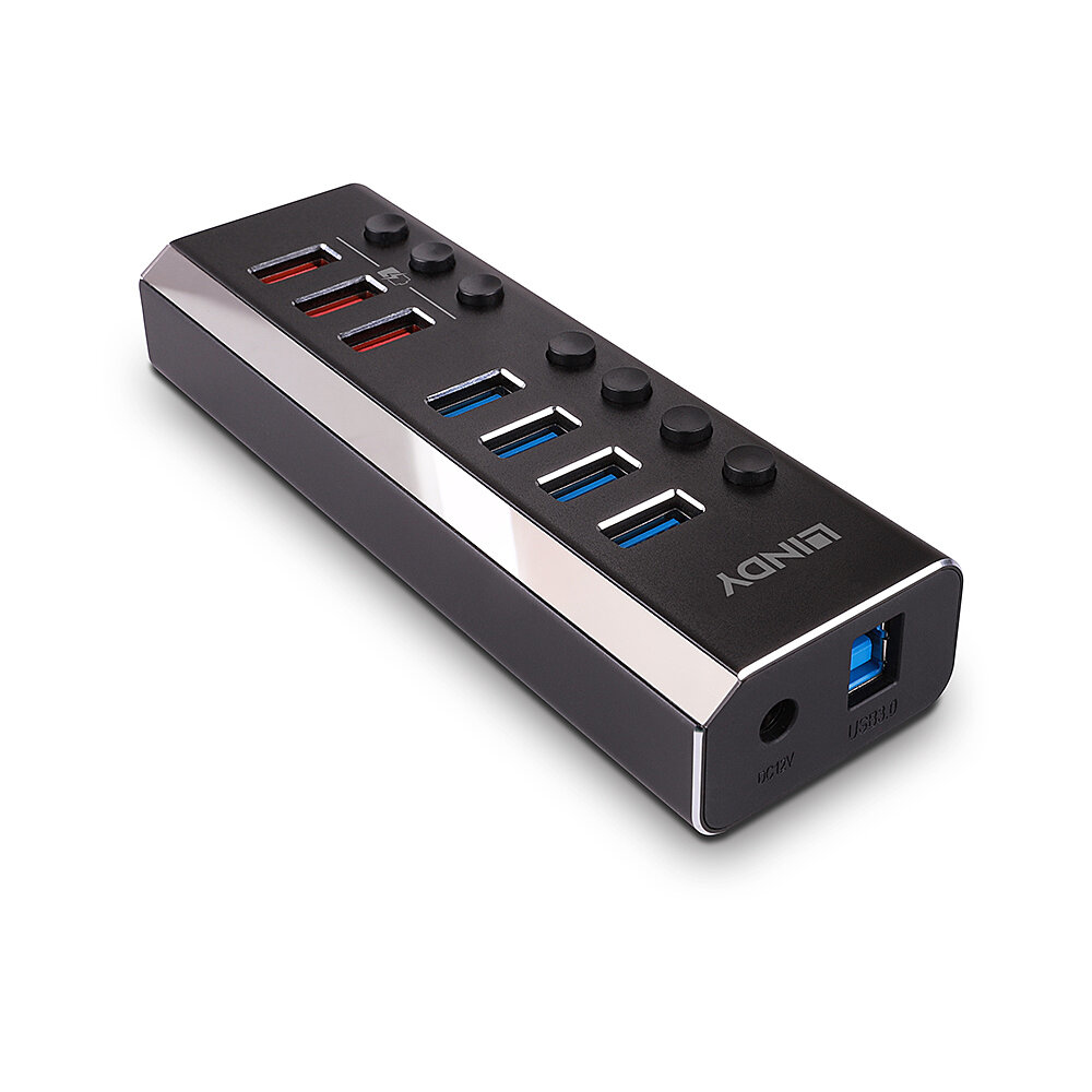 Hub USB nero con 7 porte USB e bordo argentato. Ha il marchio 'LINDY'.