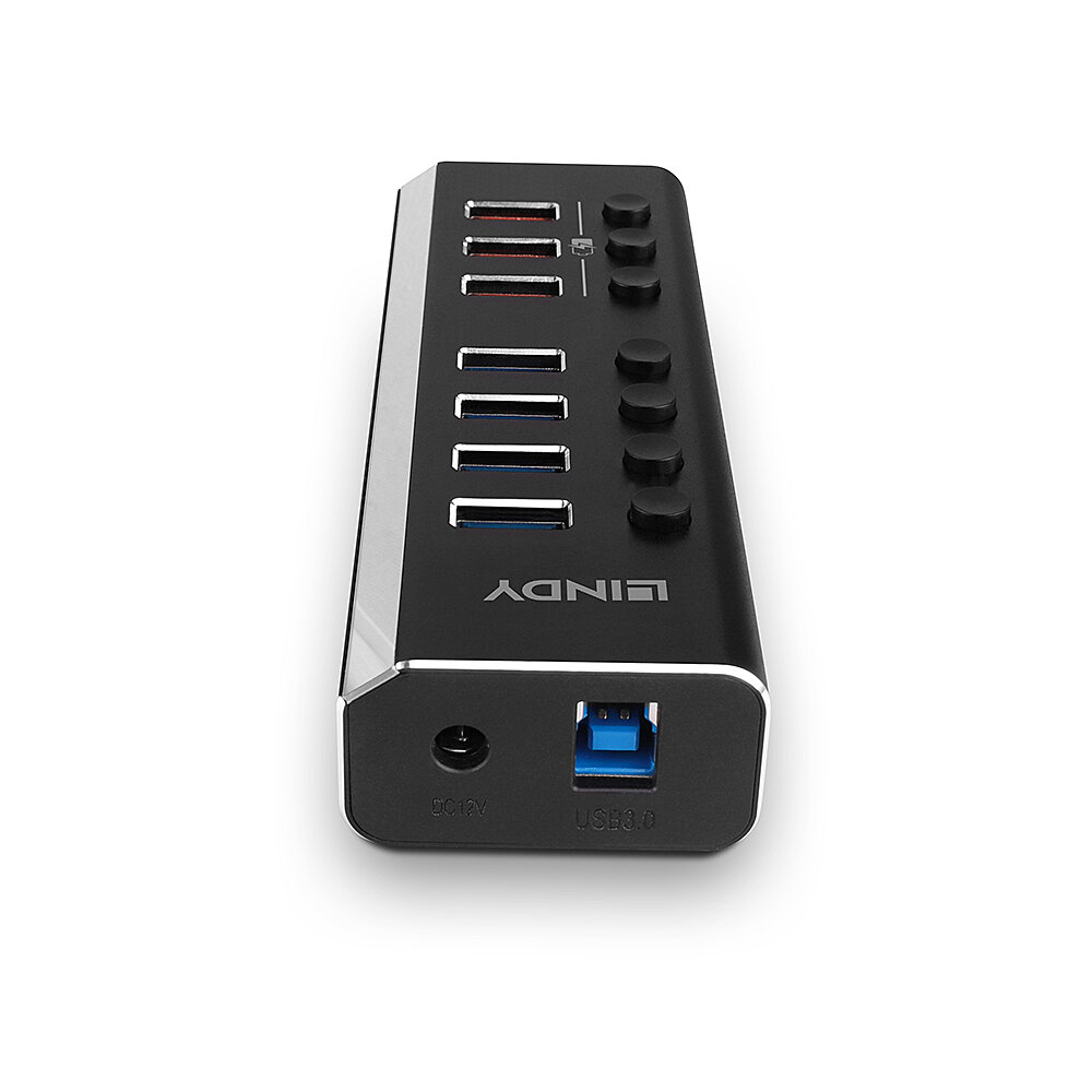 Hub USB nero con 7 porte, finiture argentate e DC 12V e USB 3.0.