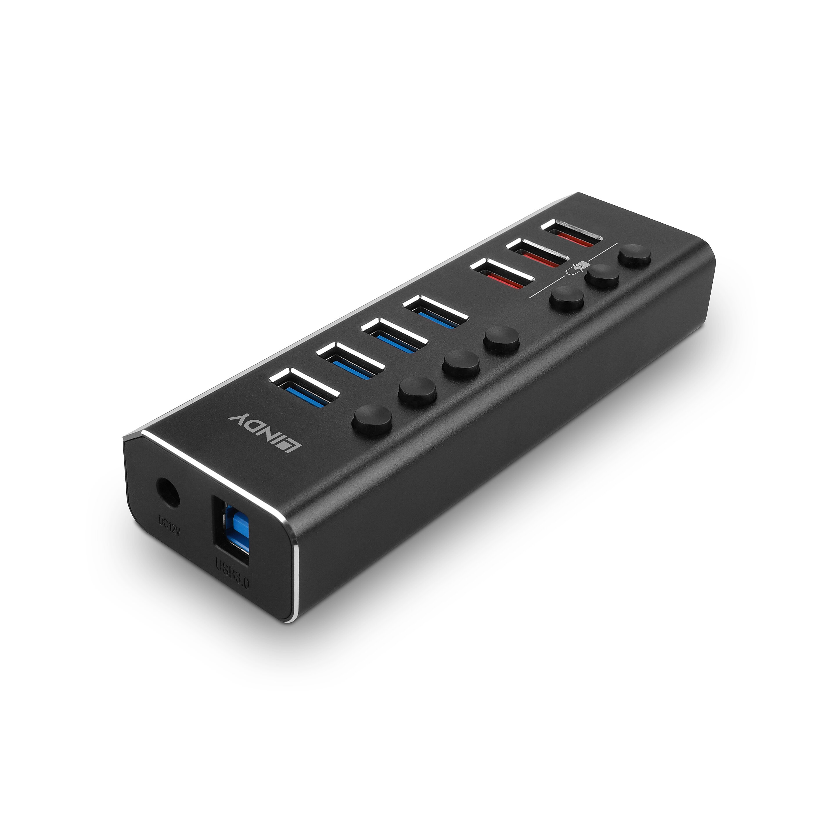 Hub USB nero con porte multiple. Porte USB blu e rosse visibili.