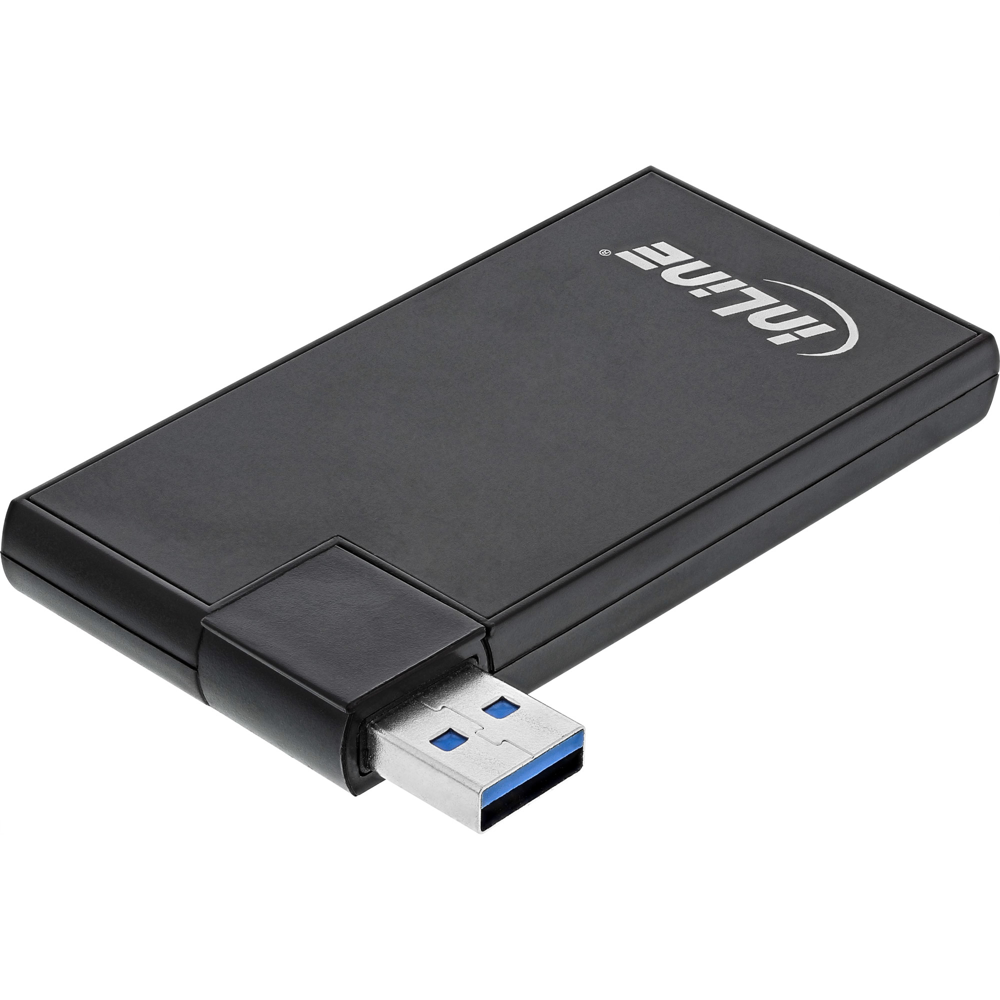 Un'unità USB nera con connettore USB-A, con marchio 'inLine'. È in un case nero.
