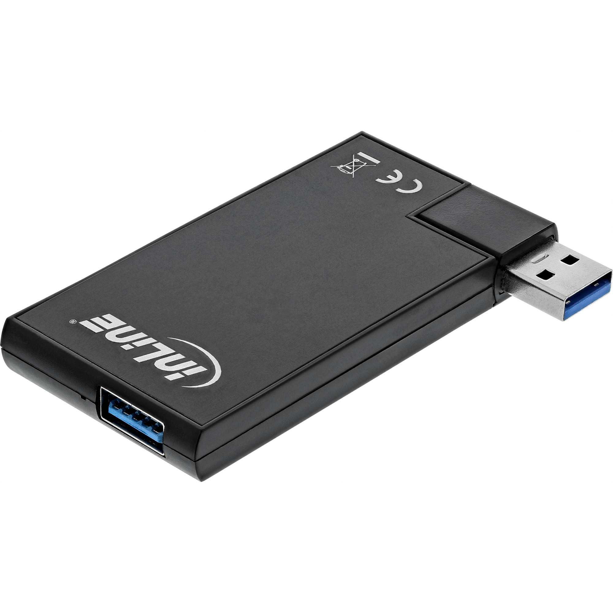 Hub USB InLine nero con una porta e cavo, su sfondo bianco.