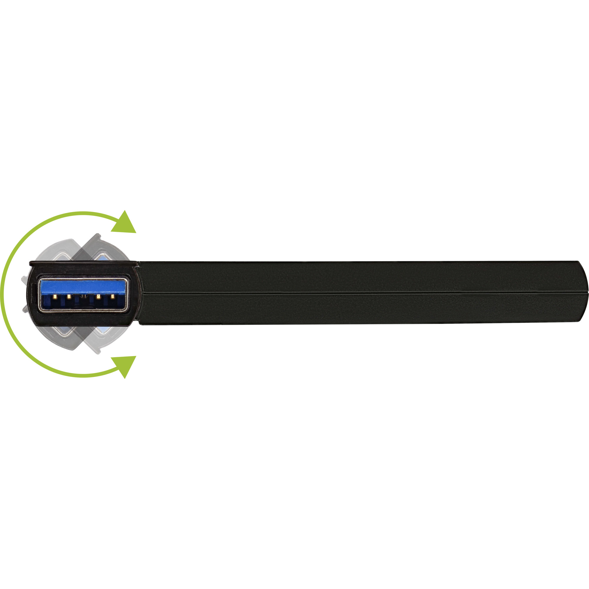 Hub USB nero con porta USB. Le frecce mostrano la direzione della porta. Sfondo bianco.
