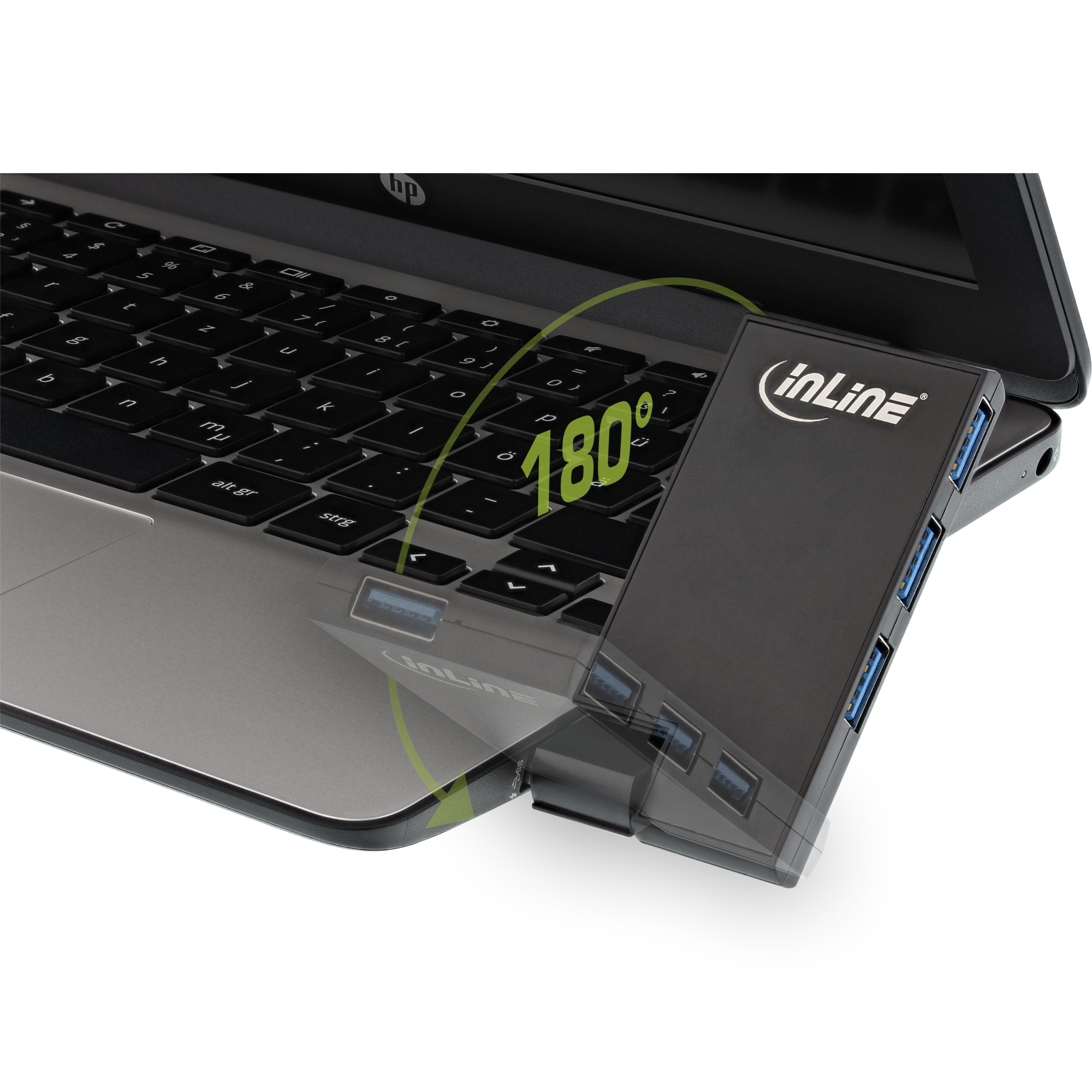 Hub USB nero collegato a un laptop. L'hub è posizionato a 180 gradi.