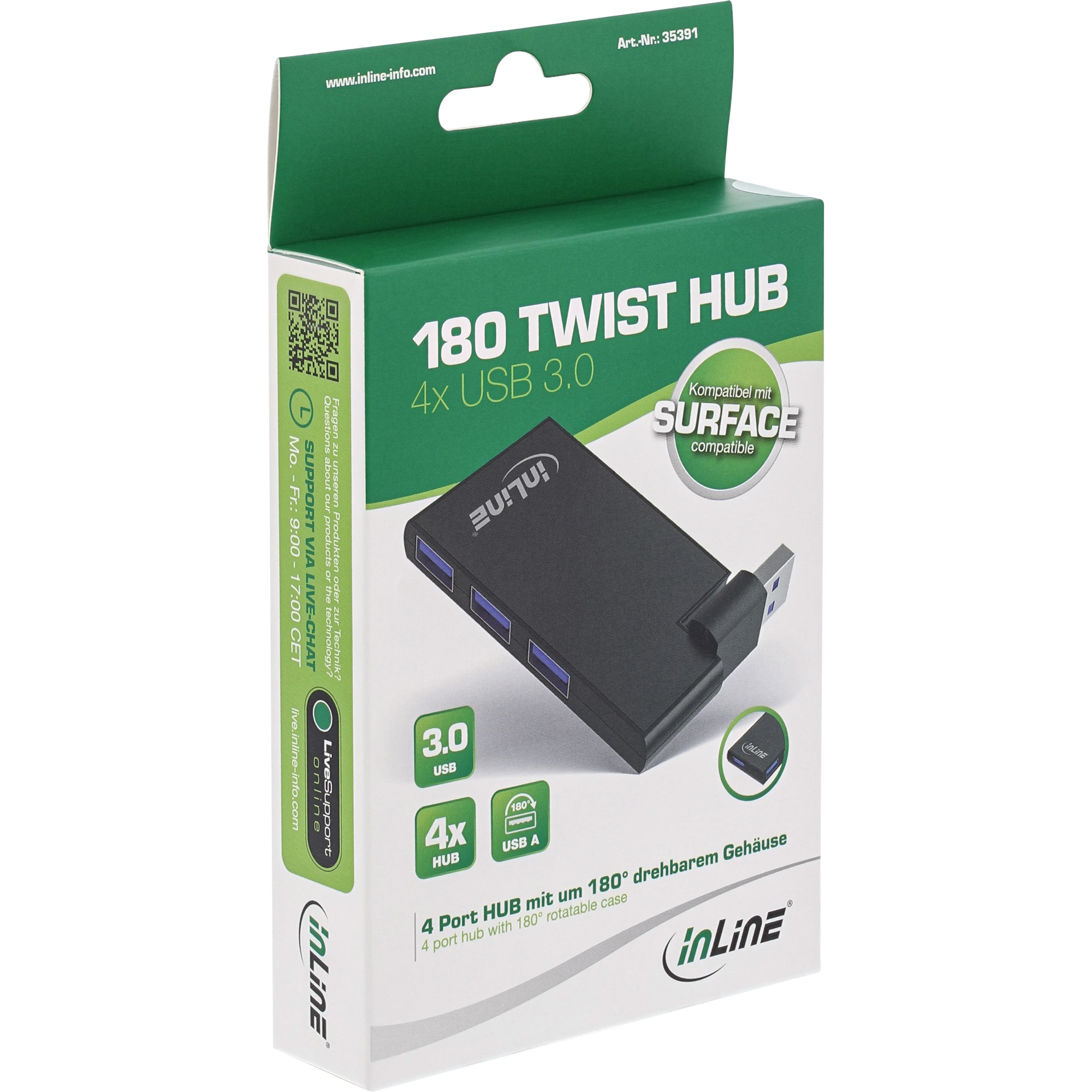 Hub USB 3.0 nero a 4 porte in una scatola con accenti verdi. Scatola con testo e codice QR.