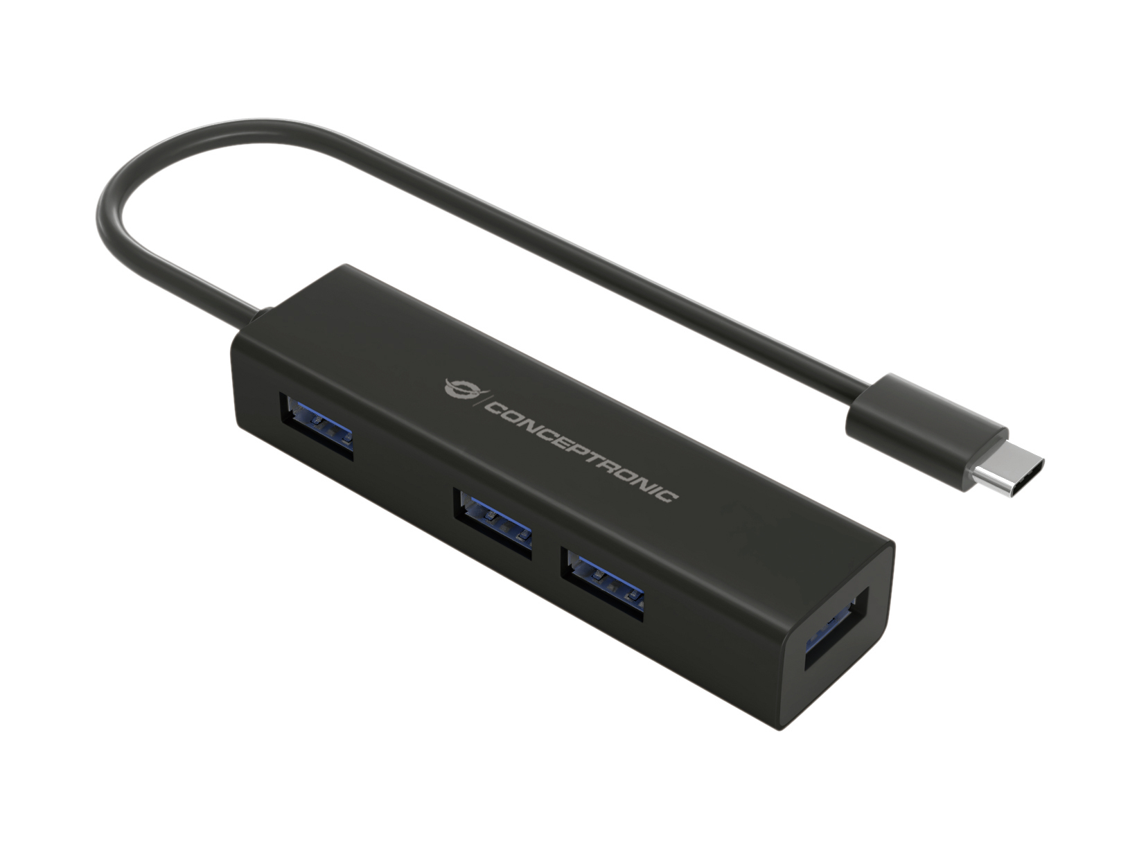 Hub USB Conceptronic nero con quattro porte USB. Ha un cavo USB-C.