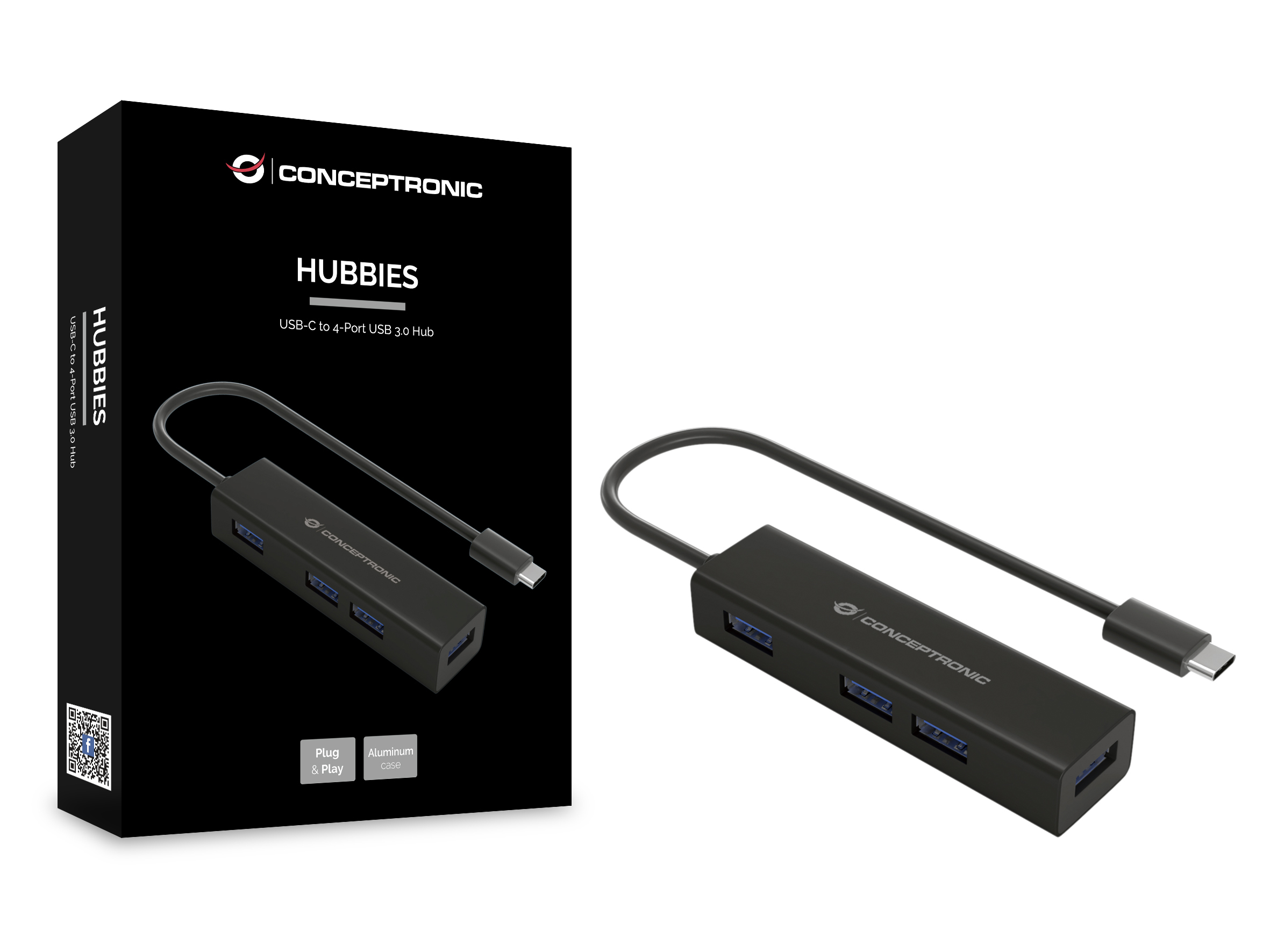 Hub USB nero con 4 porte, in una scatola. La scatola dice 'HUBBIES' e 'CONCEPTTRONIC'.
