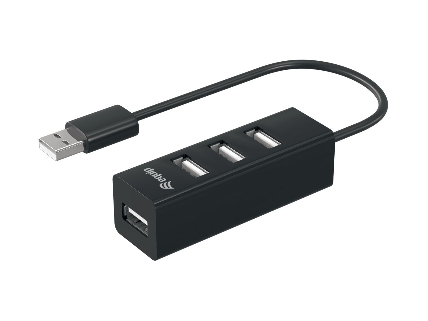 Hub USB nero con 3 porte e un connettore USB.