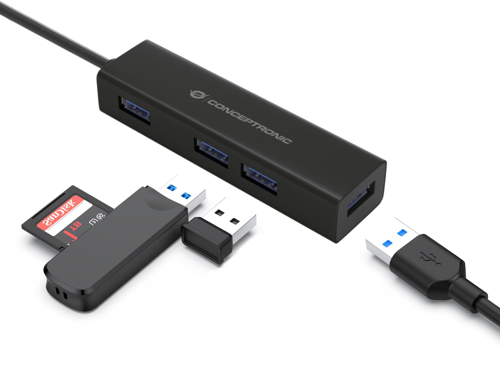 Hub USB nero con 4 porte, lettore di schede SD e chiavetta USB.