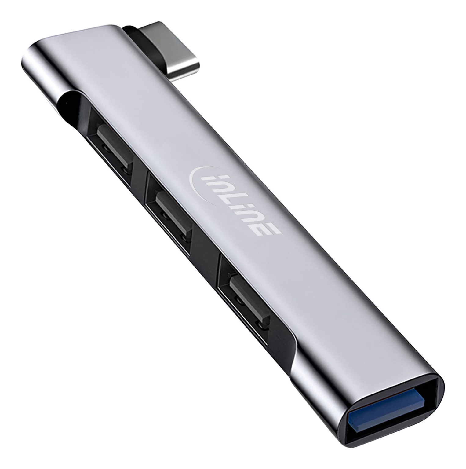 Hub USB InLine argentato con quattro porte USB. Ha una porta USB e un cavo.