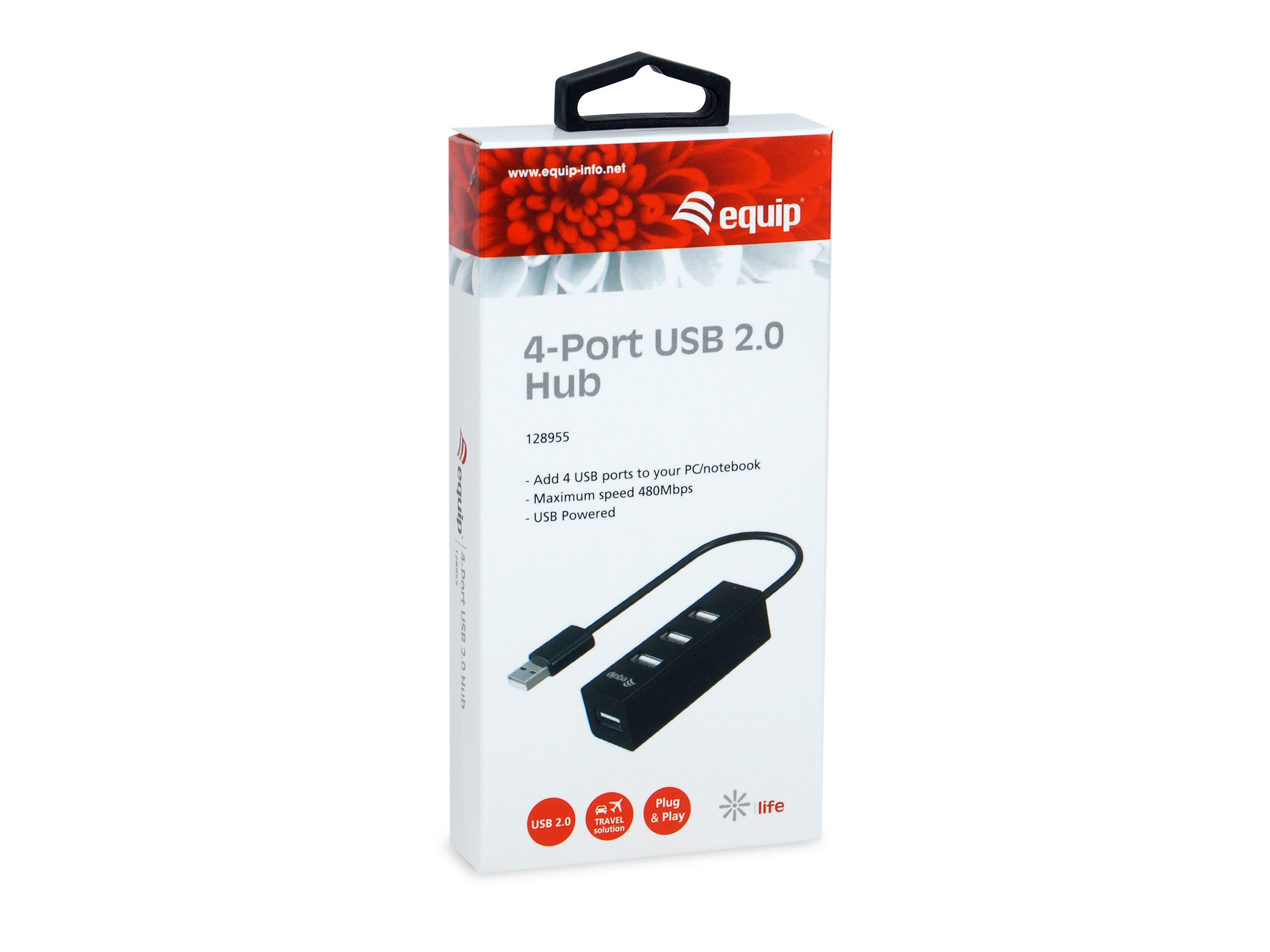 Hub USB Equip in scatola con quattro porte e cavo nero, su sfondo bianco.