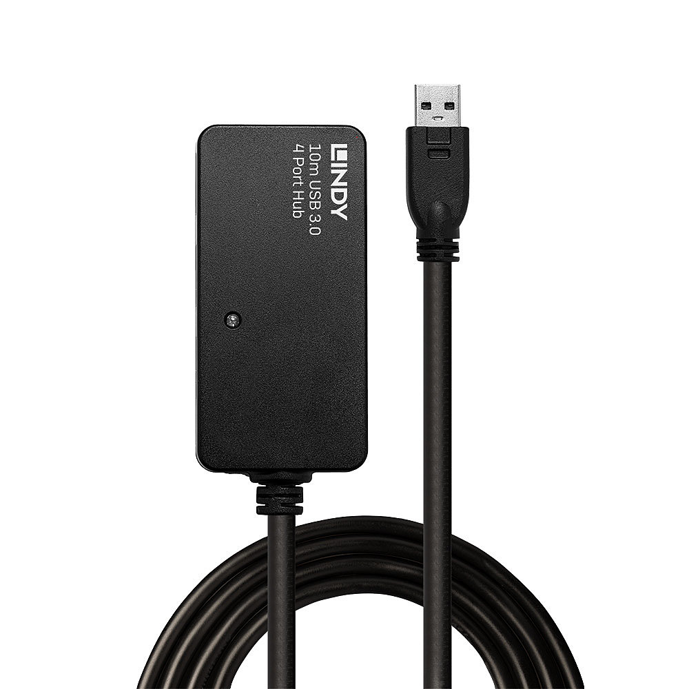 Hub USB nero con cavo nero. Il testo 'LINDY' e '4 Port Hub' sono visibili. Sfondo bianco.