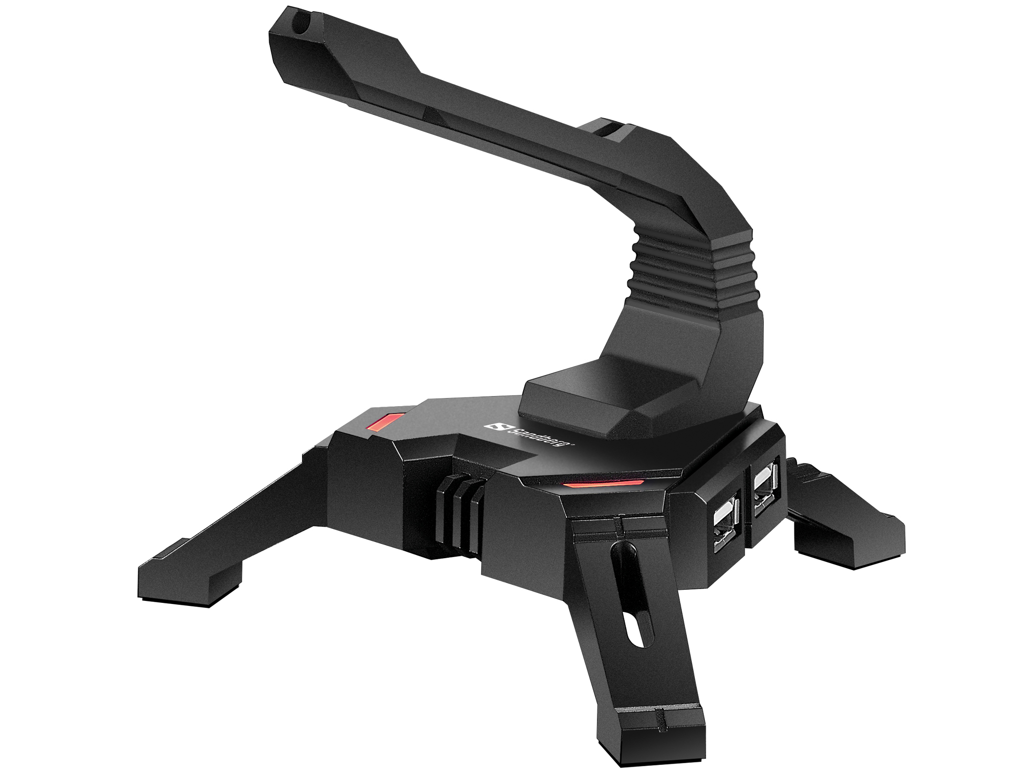 Bungee per mouse da gioco nero con accento rosso e due porte USB.