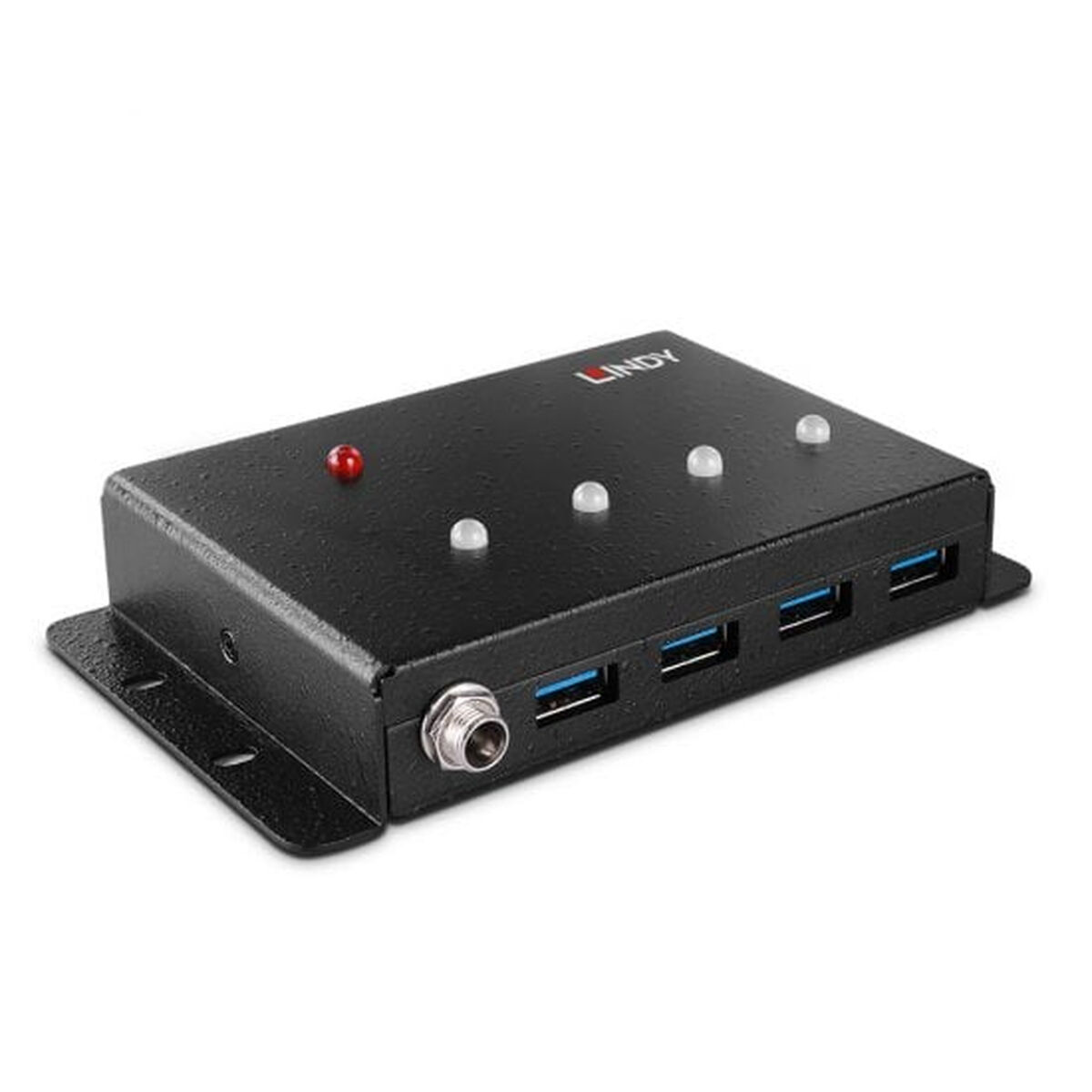 Hub USB LINDY nero con quattro porte e spie luminose, su sfondo bianco.