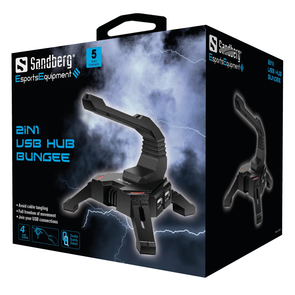 Scatola con un hub USB. Nero con dettagli rossi. Logo Sandberg. Testo: '2in1 USB HUB BUNGEE'.