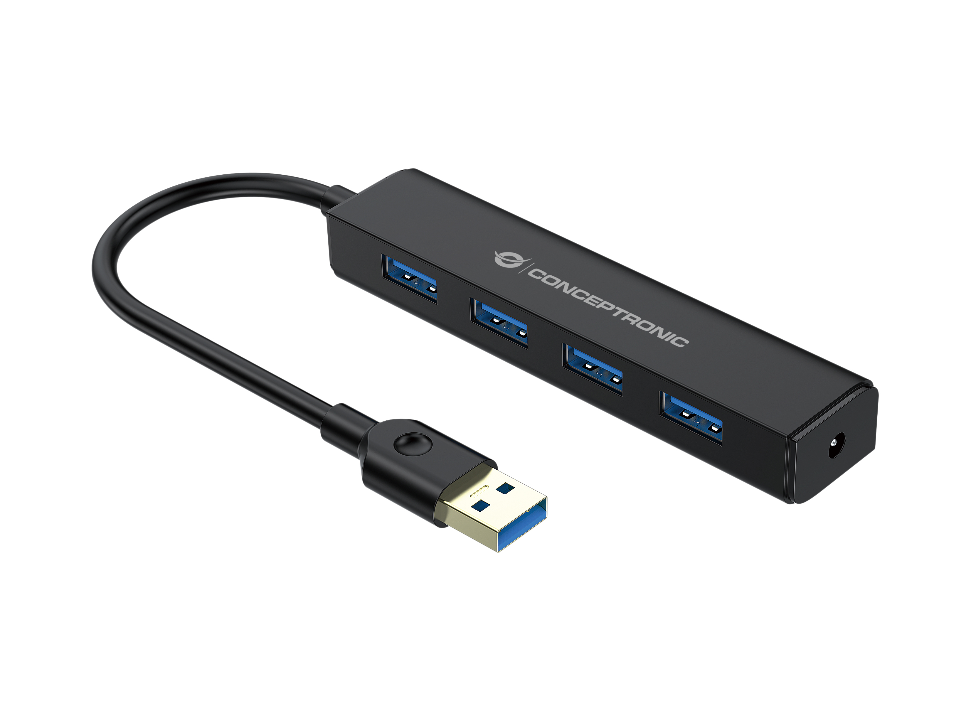 Hub USB Conceptronic nero con 4 porte, cavo nero e connettore USB.