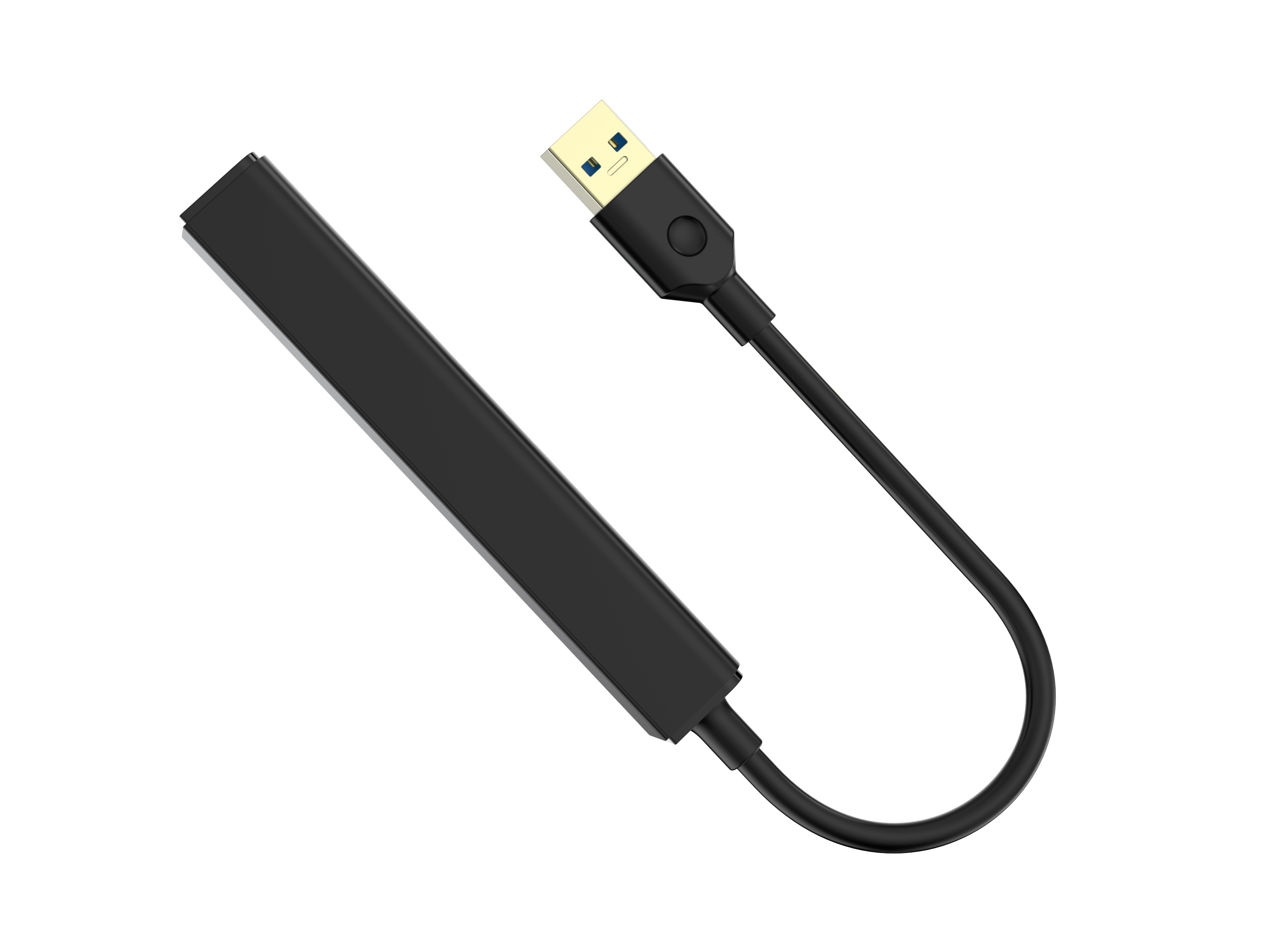 Adattatore USB nero con connettore USB-A e cavo, su sfondo bianco.