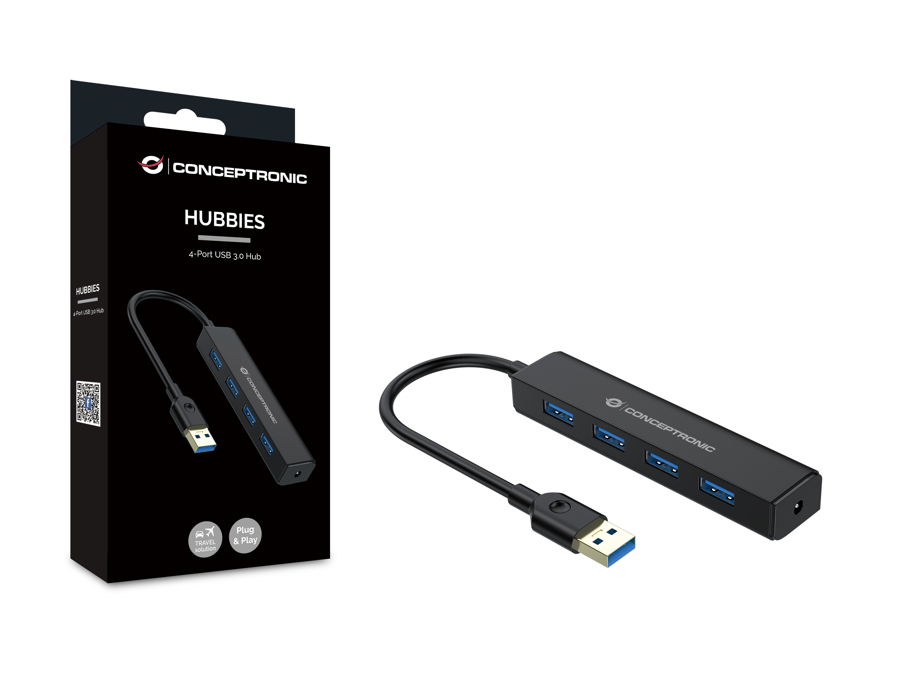 Hub nero con 4 porte e un cavo USB, con confezione. L'hub è nella scatola.