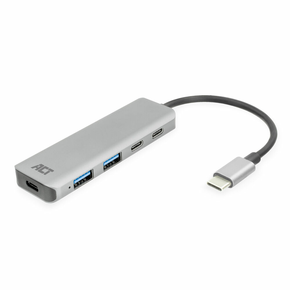 Un hub USB ACT grigio con più porte e un connettore USB-C su una superficie bianca.