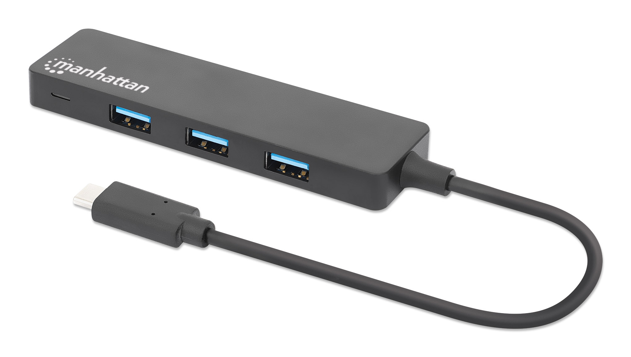 Hub USB Manhattan con 3 porte e cavo USB-C su sfondo bianco.