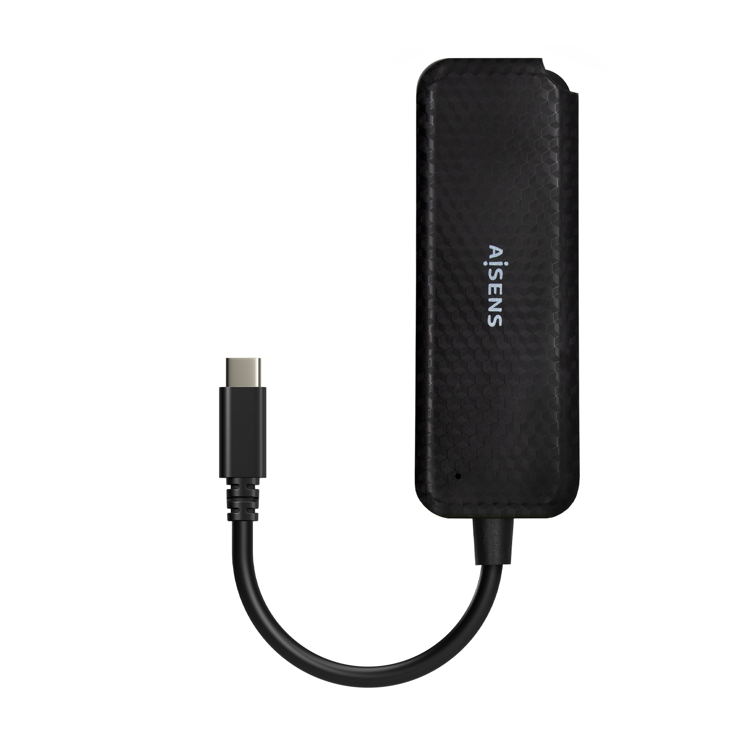 Hub USB Aisens nero con cavo, su sfondo bianco.